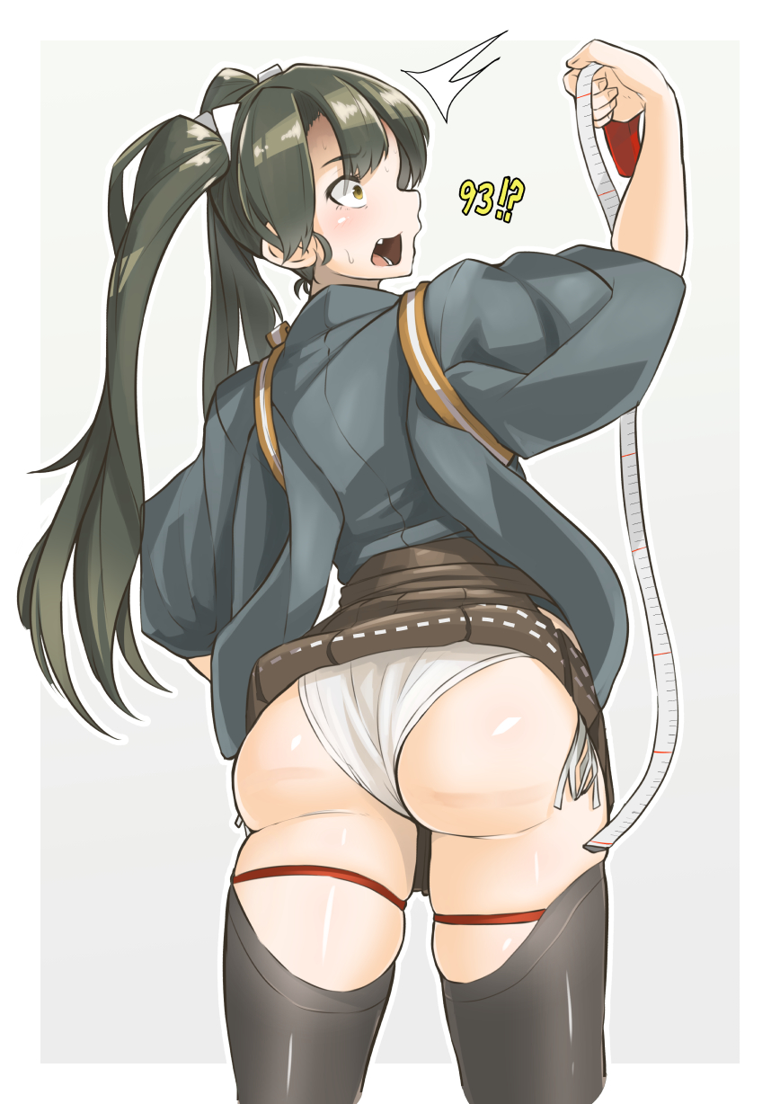 !? arm_up ass black_legwear clothes_lift eyebrows_visible_through_hair female fundoshi green_hair hair_ribbon hakama hakama_skirt highres japanese_clothes kantai_collection kimono konoshige_(ryuun) leg_ribbon lifted_by_self looking_back looking_to_the_side oerba_yun_fang open_mouth ribbon ribbon-trimmed_clothes ribbon_trim ryuun_(stiil) simple_background skirt skirt_lift solo standing surprised sweat tape_measure tasuki thighhighs twintails white_background yellow_eyes zuikaku_(kantai_collection)