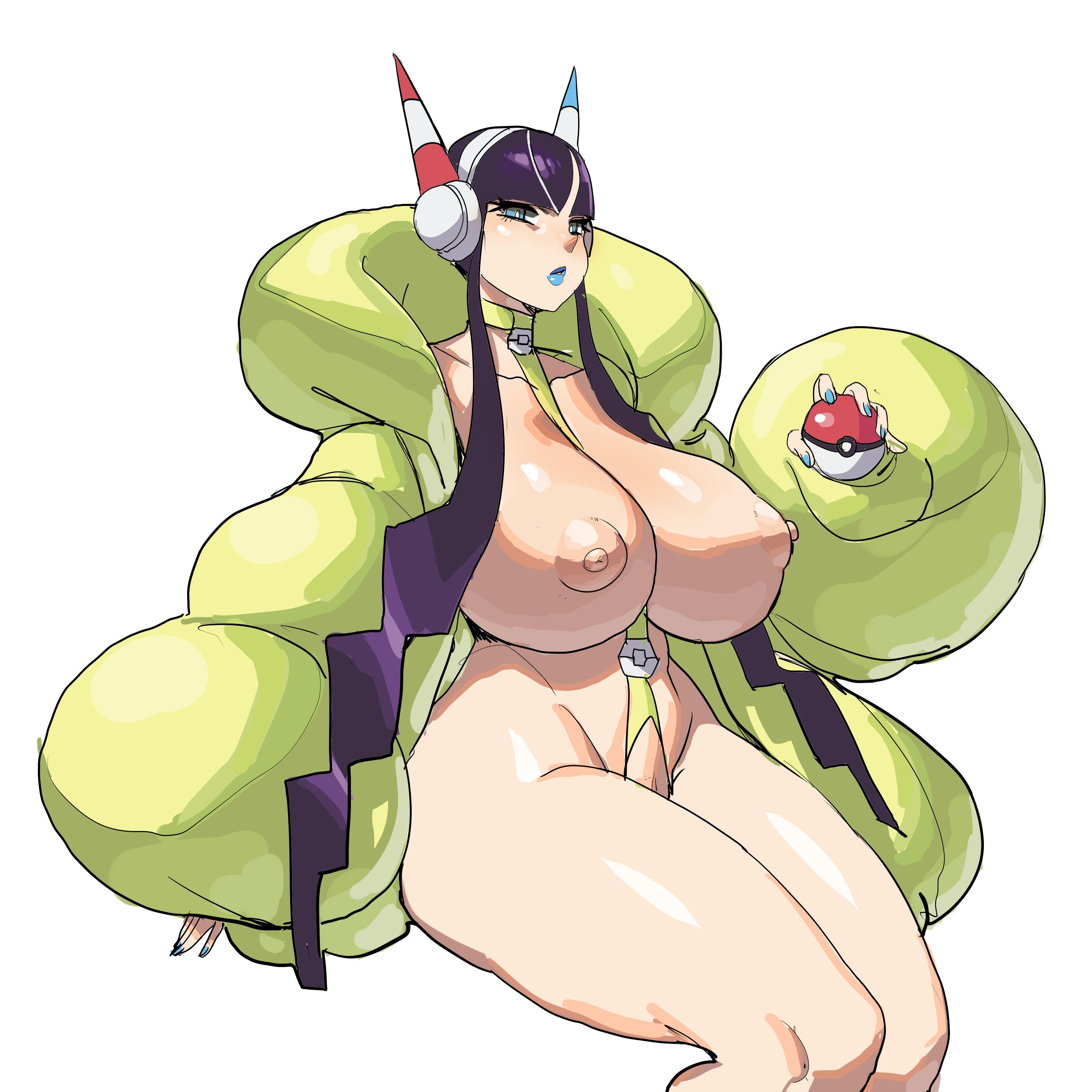 1girls, alternate breast size, bangs, black hair, blue eyes, blue lipstick, breasts, clothing, elesa (pokemon bw2), elesa (pokemon), female, female only, game freak, gym leader, headphones, huge breasts, legs together, lipstick, long hair, maniacpaint, nintendo, nipples, pokemon, pokemon bw, pokemon bw2, pussy, solo, solo female, thighs, voluptuous, wide hips