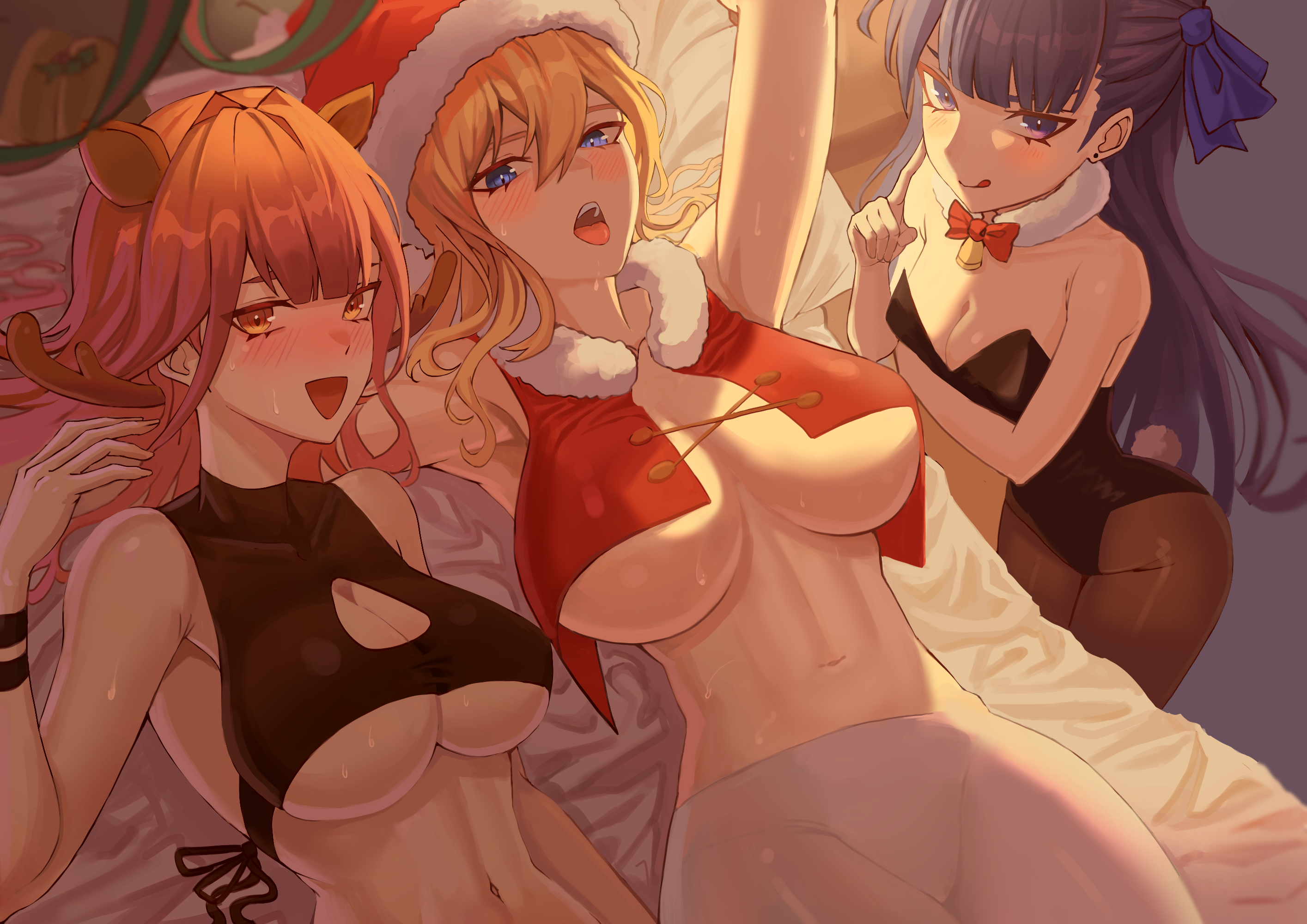 3girls, animal costume, animal ears, antlers, arm under breasts, arms up, aru (blue archive), bangs, bell, black leotard, black shirt, blonde hair, blue archive, blue eyes, bow, bowtie, breasts, brown legwear, capelet, christmas, cleavage, cleavage cutout, clothing cutout, crop top, crossover, deer ears, earrings, fate (series), fate/grand order, female, finger to cheek, fur collar, fur trim, fur-trimmed capelet, fur-trimmed headwear, genshin impact, hair between eyes, hair ribbon, hat, highres, index finger raised, jean gunnhildr, jewelry, jingle bell, large breasts, leotard, licking lips, long hair, looking at viewer, lying, meltryllis, multiple females, multiple girls, on back, on bed, open mouth, oro (lsg0624), pantyhose, pink hair, playboy bunny, purple hair, rabbit tail, red bow, red bowtie, red capelet, reindeer antlers, reindeer costume, ribbon, santa hat, shirt, sleeveless, small breasts, standing, sweatdrop, tail, teeth, tongue, tongue out, upper teeth, white legwear, yellow eyes
