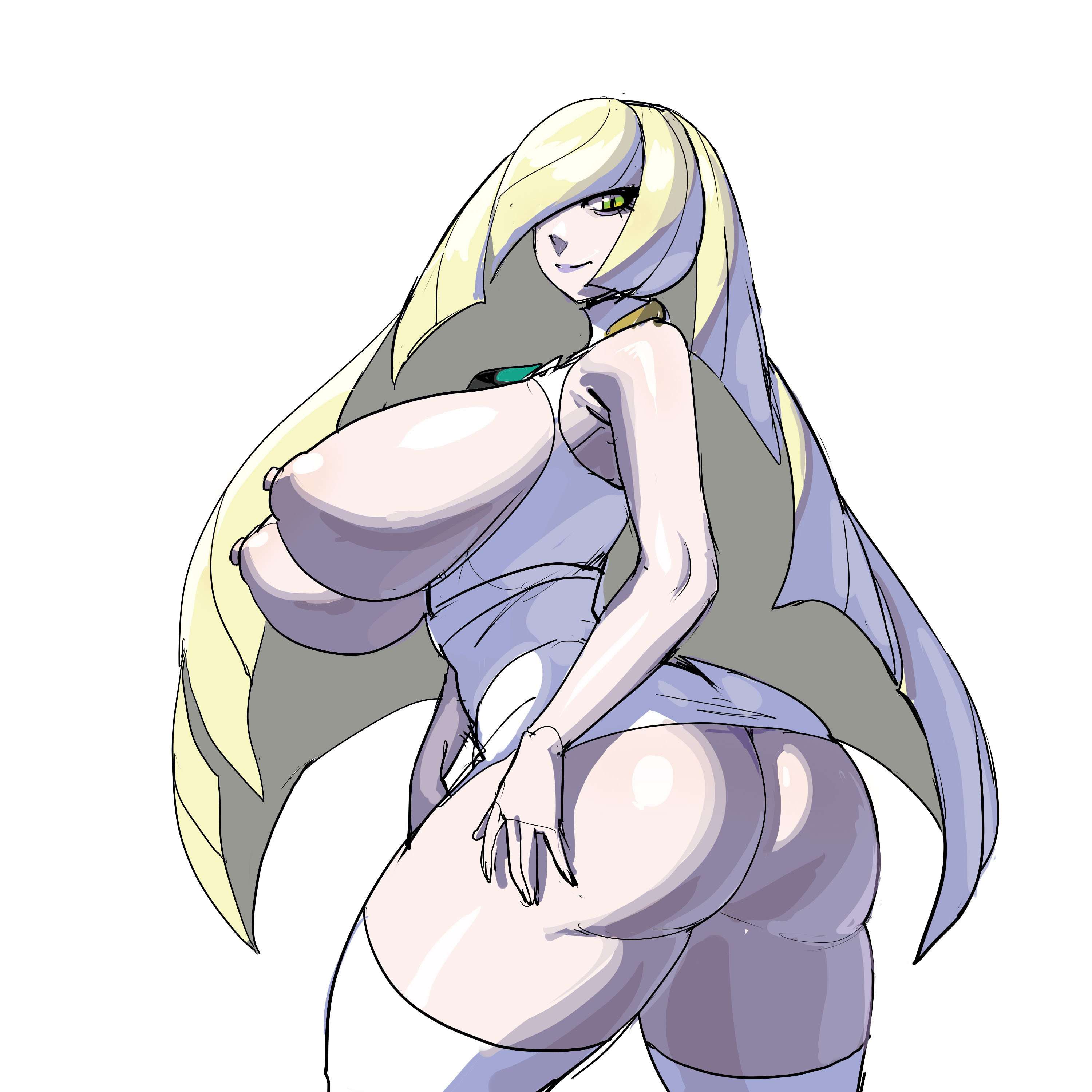 absurdres, areolae, ass, big ass, big breasts, blonde hair, breasts, curvy, female, highres, huge breasts, long hair, looking at viewer, lusamine (pokemon), maniacpaint, nipples, pokemon, pokemon sm, simple background, solo, solo female, thick thighs, thighs