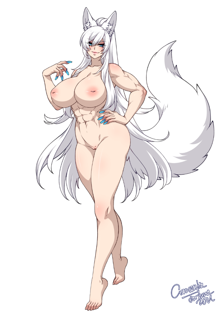 1girls abs beorthilde_(deathblight) blue_eyes blue_nails crescentia deathblight fingernails fit fit_female hand_on_hip inverted_nipples kemonomimi large_breasts long_hair long_nails monster_girl muscles muscular_female nail_polish nude pale_skin smile white_hair wolf_ears wolf_girl wolf_tail