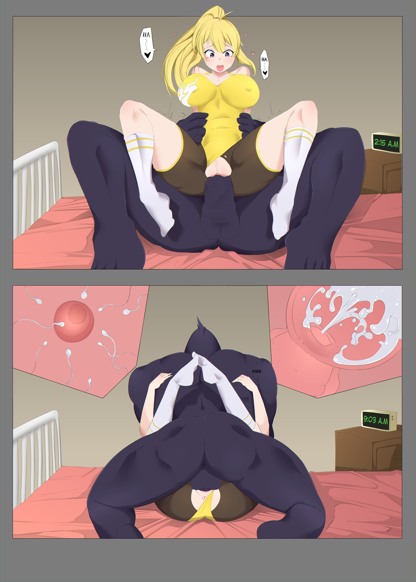 bed beringel big_ass big_breasts big_penis blonde_hair breasts_bounce clock comic compression_shorts cum cum_in_pussy cum_in_uterus cum_inside cumming cumming_together elbow_pads gorilla grimm_(rwby) gym_uniform impregnation interspecies knee_socks kneehighs kneesocks lilac_eyes long_hair mating_press missionary missionary_position moaning monster monster_cock neovixtadiz no_shoes ovum panting pokies ponytail pussy reverse_cowgirl_position room rwby sex socks sperm sperm_cell spread_legs striped_socks timer tongue_out uterus vaginal_penetration white_socks wide_hips womb workout_clothes wristband x-ray yang_xiao_long zoophilia