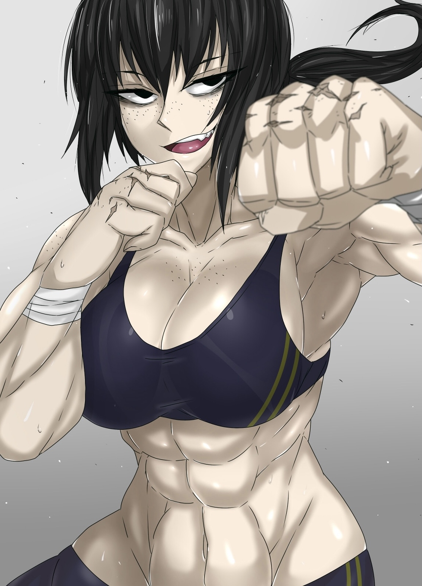 1girls abs black_eyes black_hair first_person_view fit fit_female freckles light_skin long_hair muscular_female original ponytail pov scar smile sparring sweat takano_togainu_(zokosuke) wet zokusuke