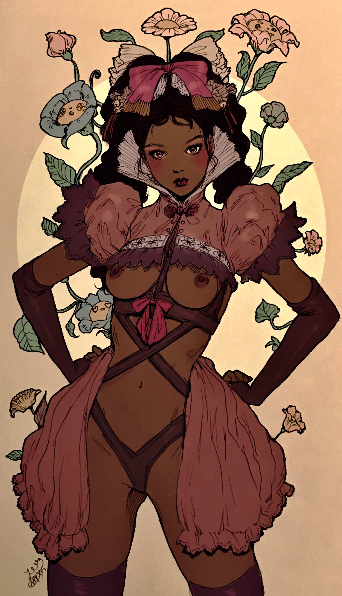 1girls, breasts, breasts out, dark skin, dark-skinned female, dress, female, flower, hands on hips, jasmin darnell, lingerie, looking at viewer, medium breasts, pose, solo, standing