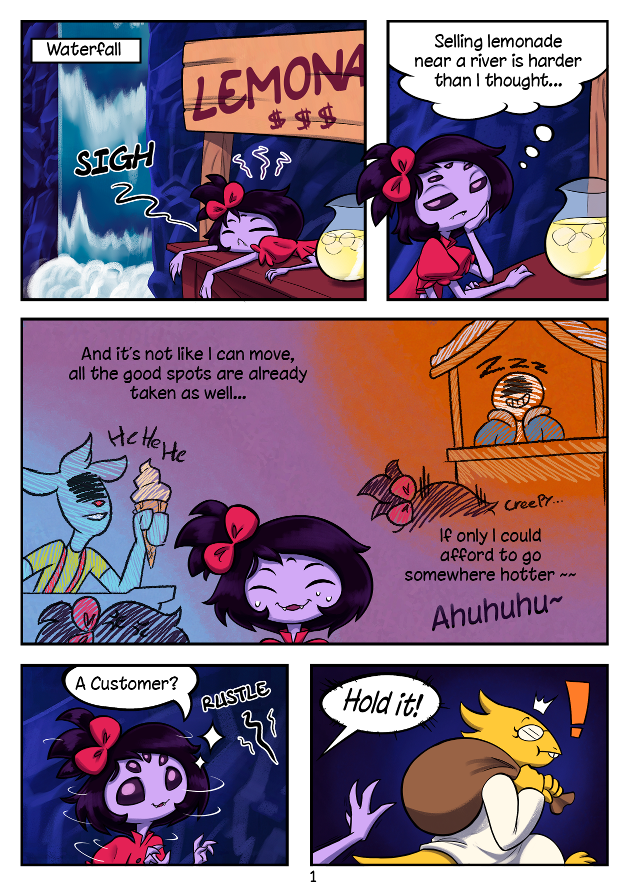 2d, alphys, anthro, anthro only, comic, comic page, english text, female, female focus, femsub, humanoid, lizard girl, lizard humanoid, muffet, page 1, page number, purple body, purple skin, reptile, reptile humanoid, soulcentinel, spider, spider girl, spider humanoid, tagme, text, undertale, undertale (series), video game, video games, yellow body, yellow skin, young