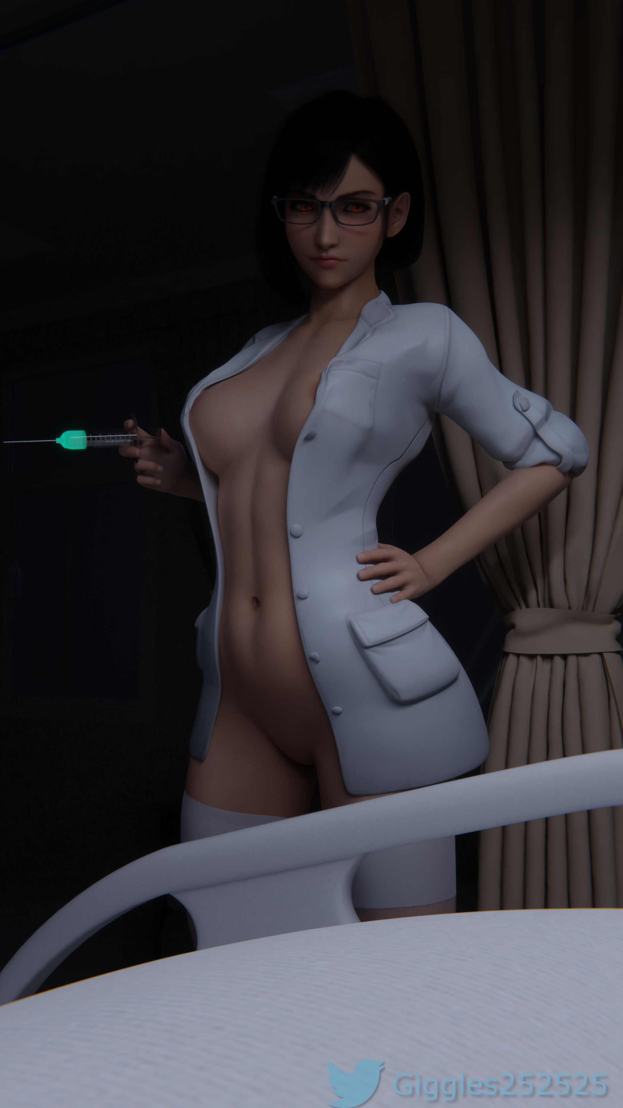 3d, 3d (artwork), ass, big ass, big butt, blender, blender (software), curtains, doctor, female, final fantasy, final fantasy vii, final fantasy vii remake, giggles25, glasses, glowing, glowing eyes, hospital, hospital bed, labcoat, looking at viewer, needle, nurse, pose, posing, red eyes, short hair, syringe, tagme, tifa lockhart, white coat, window