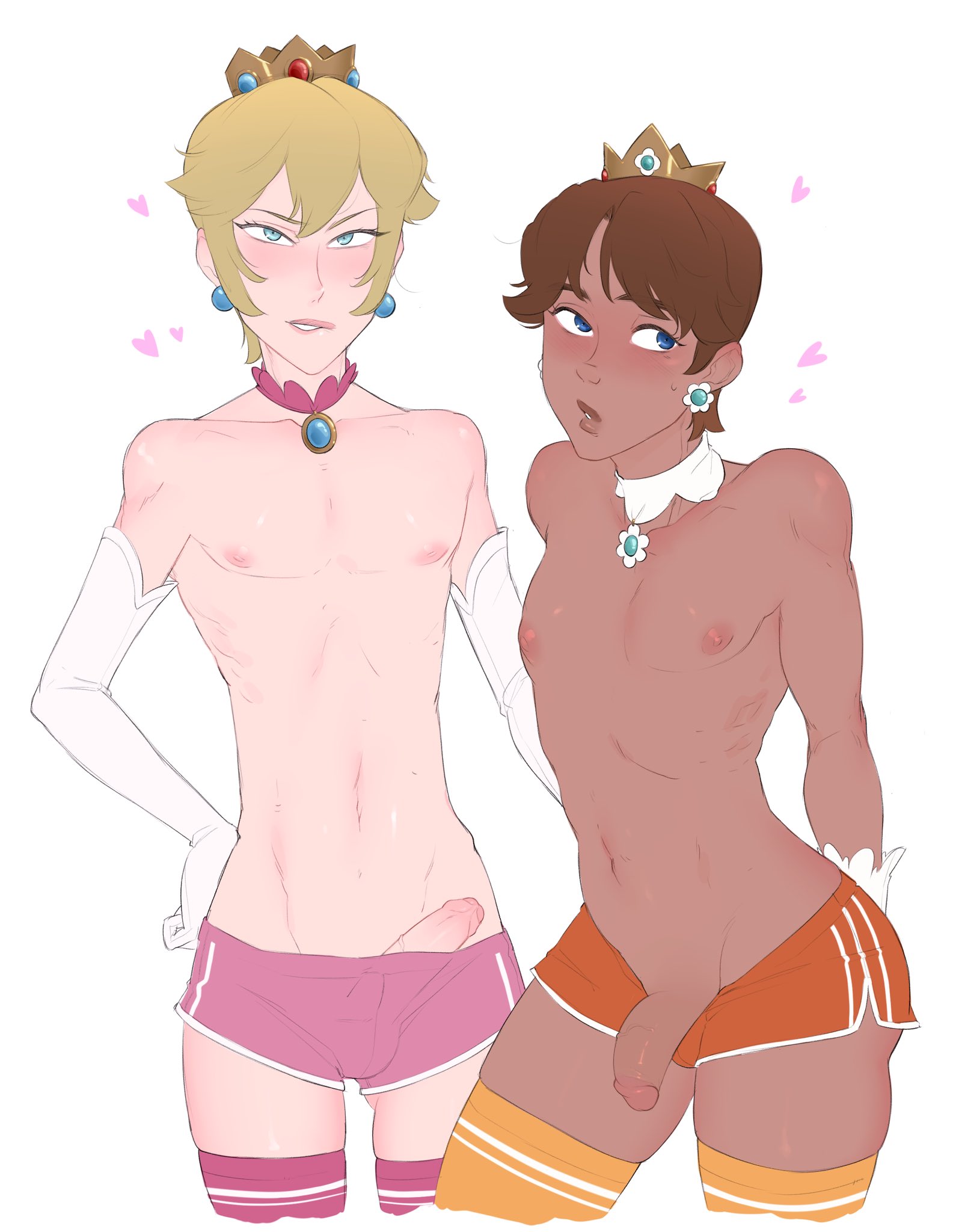 2boys, blonde hair, blue eyes, blush, brown hair, crossdressing, crown, cute male, dark skin, dark-skinned femboy, dark-skinned male, elbow gloves, femboy, femboy prince, genderswap, genderswap (ftm), girly, gloves, haruhssment, light skin, light-skinned femboy, light-skinned male, long hair, male, male only, mario (series), multiple boys, multiple males, nipples, penis, penis out, prince, prince apricot, prince darcy, princess daisy, princess peach, rule 63, short hair, short shorts, shorts, simple background, skinny, standing, thighhighs, topless, white background