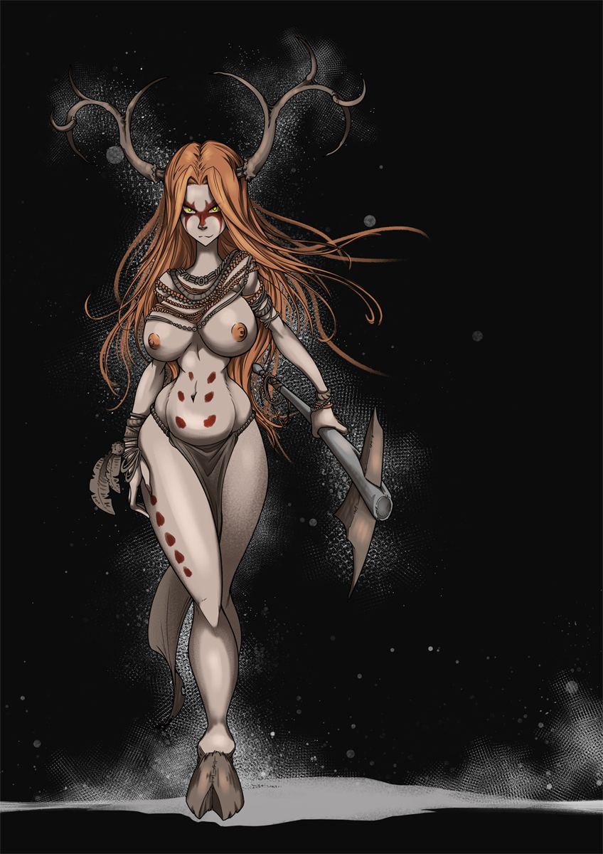 antlers axe bodypaint deer deer_antlers deer_girl deer_hooves evil_grin exposed_breasts hallowgazer hooves indio_siren jewelry kemonomimi large_breasts light_skin loincloth long_hair native_american native_american_mythology necklace oc orange_hair original original_character smile snow weapon