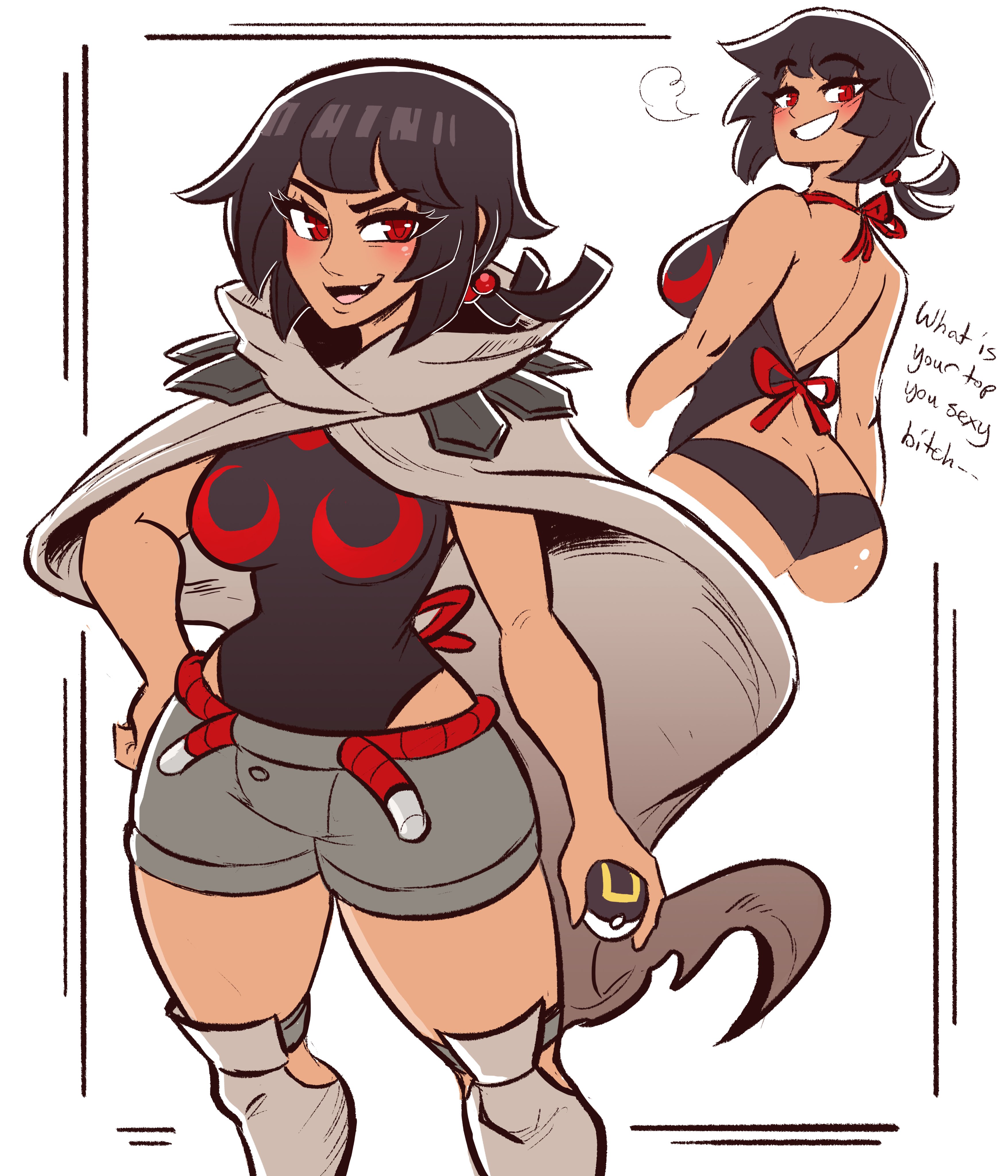 ass, ass crack, back, back view, bare back, big ass, black hair, blush, breasts, butt crack, cape, clothed, clothing, english text, fang, female, fully clothed, hair ornament, hi res, looking at viewer, looking back, medium breasts, nintendo, open mouth, pokemon, pokemon oras, red eyes, scruffyturtles, simple background, smile, smug, solo, text, ultra ball, zinnia (pokemon)