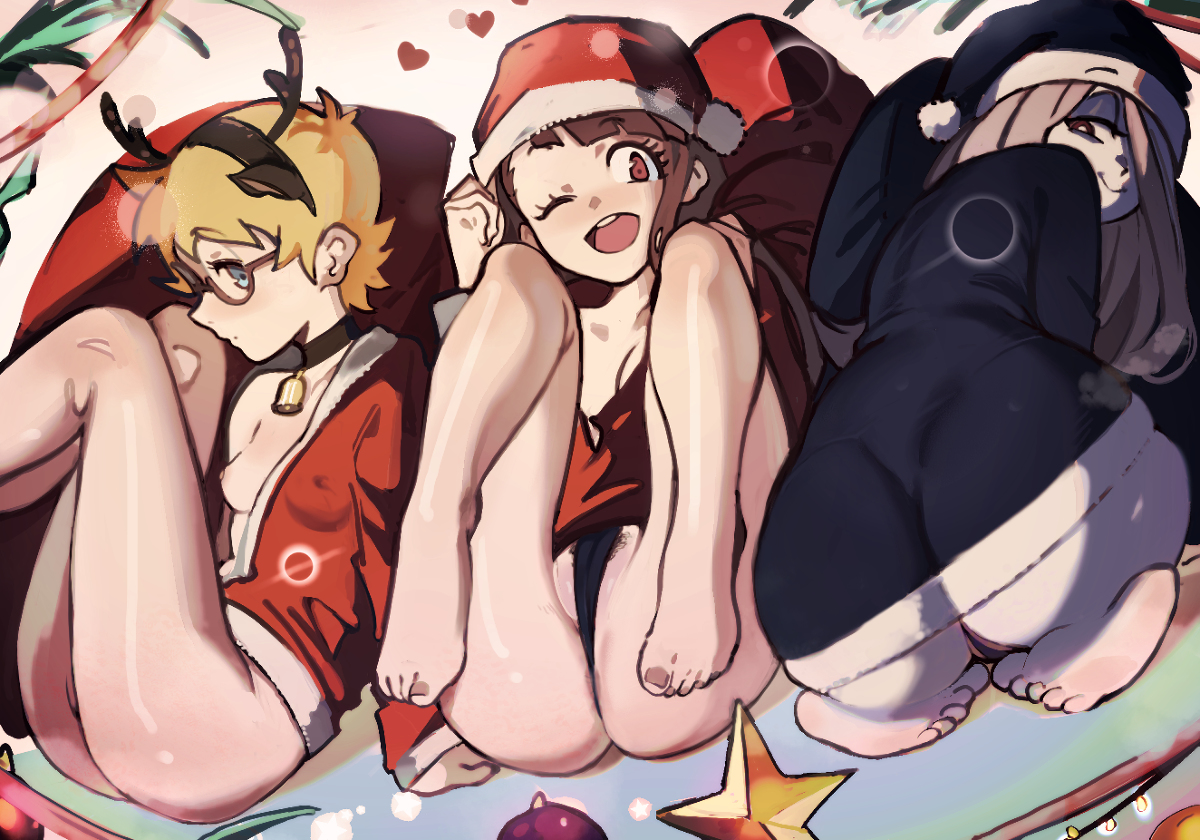 3girls, ass, atsuko kagari, blue eyes, breasts, brown eyes, brown hair, christmas, fake animal ears, female, glasses, headband, light skin, little witch academia, long hair, lotte jansson, multiple females, multiple girls, no bra, no panties, orange hair, pale skin, petite, purple hair, red eyes, roropull, santa costume, santa hat, short hair, small breasts, smile, studio trigger, sucy manbavaran, suggestive, young