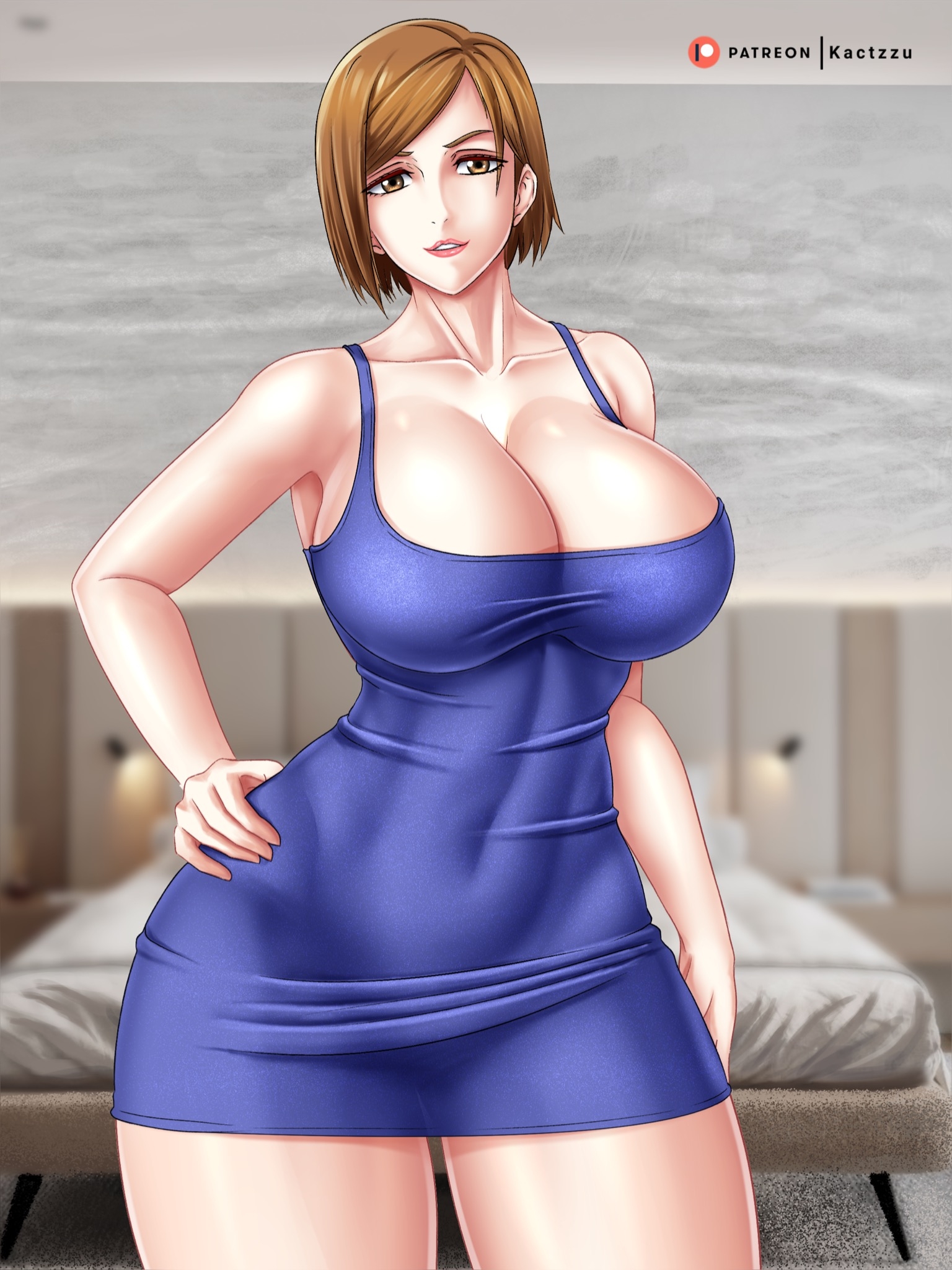 1girls, big breasts, breasts, brown eyes, brown hair, brown-haired female, dress, eye contact, female, huge breasts, jujutsu kaisen, kactzzu, kugisaki nobara, looking at viewer, minidress, short hair, solo, standing, thick thighs, tight clothing, tight dress, tight fit, wide hips