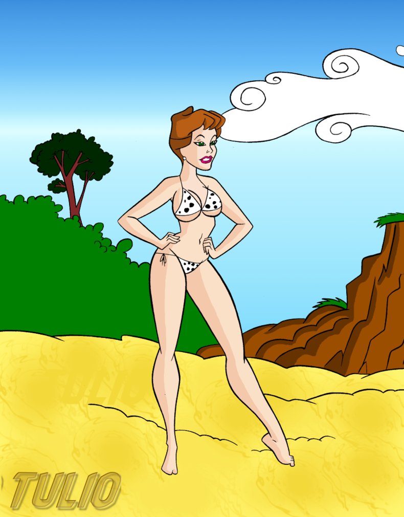 101_dalmatians 1girls anita_radcliffe arms beach bikini breasts brown_hair disney ear_rings female female_only green_eyes hands legs lipstick medium_breasts tulio