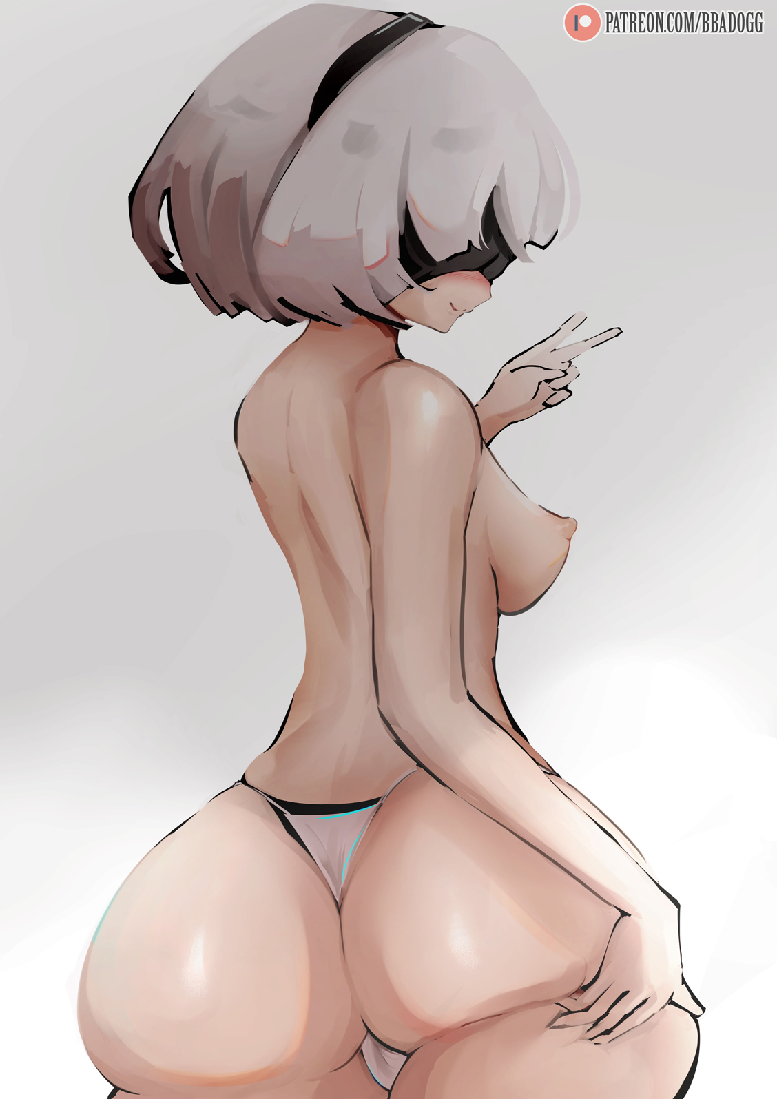 android, ass, bbadogg, big ass, big hips, breasts, female, female focus, female only, happy female, large ass, large hips, light skin, light-skinned female, narrow shoulders, nier, nier (series), nier: automata, sideboob, thick thighs, thin arms, thin waist, thong, wide hips, yorha 2b, young