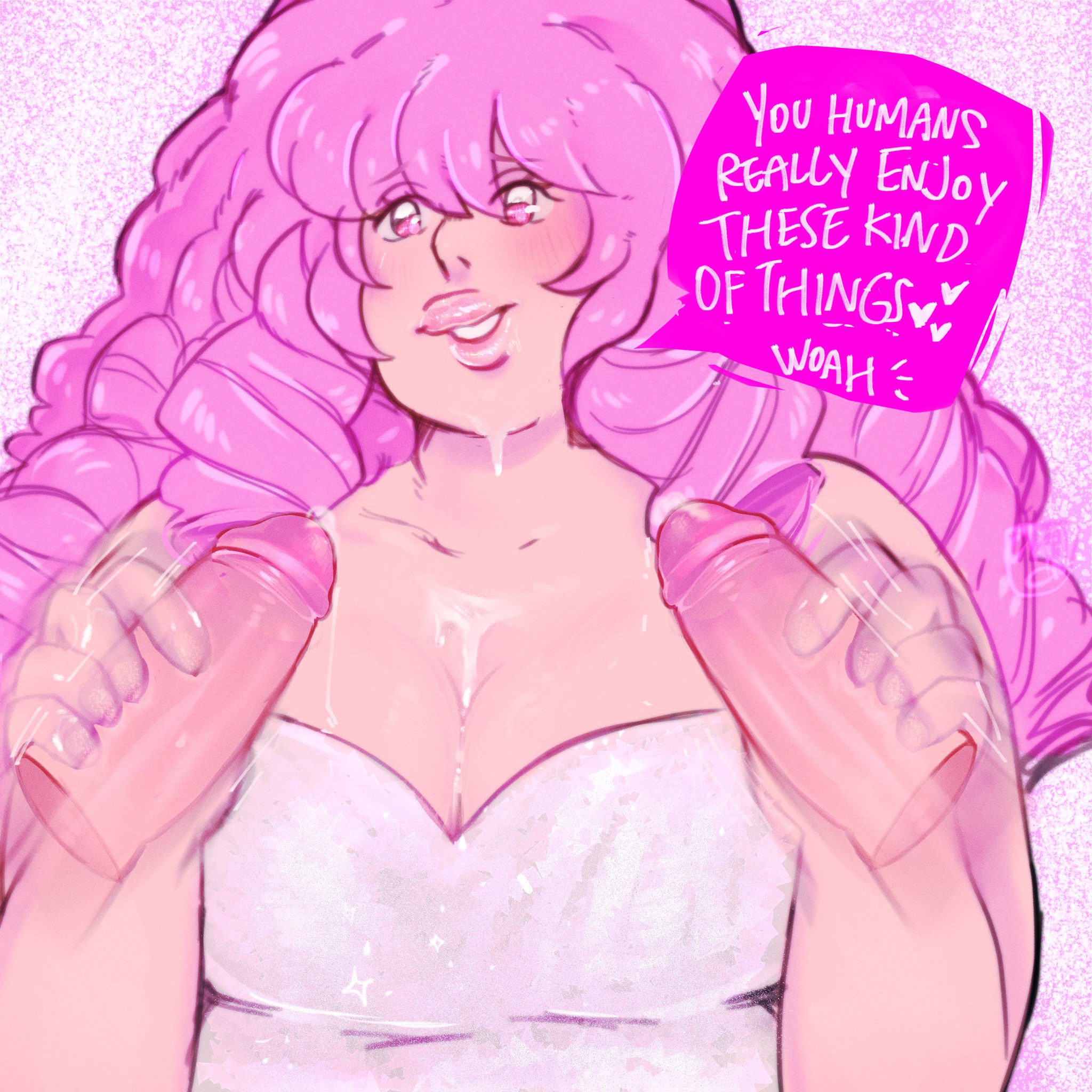 1girls, breasts, cleavage, cum, disembodied penis, dress, english text, female, handjob, large breasts, lips, long hair, male, motion lines, multiple penises, penis, pink eyes, pink hair, rose quartz (steven universe), sex, steven universe, tekup1n, unseen male face