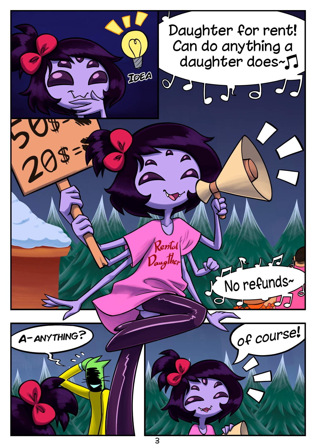 advertisement, anthro, comic, comic page, english text, female, female focus, femsub, humanoid, muffet, page 3, page number, soulcentinel, spider, suggestive, tagme, thighhighs, undertale, video game, video games, young
