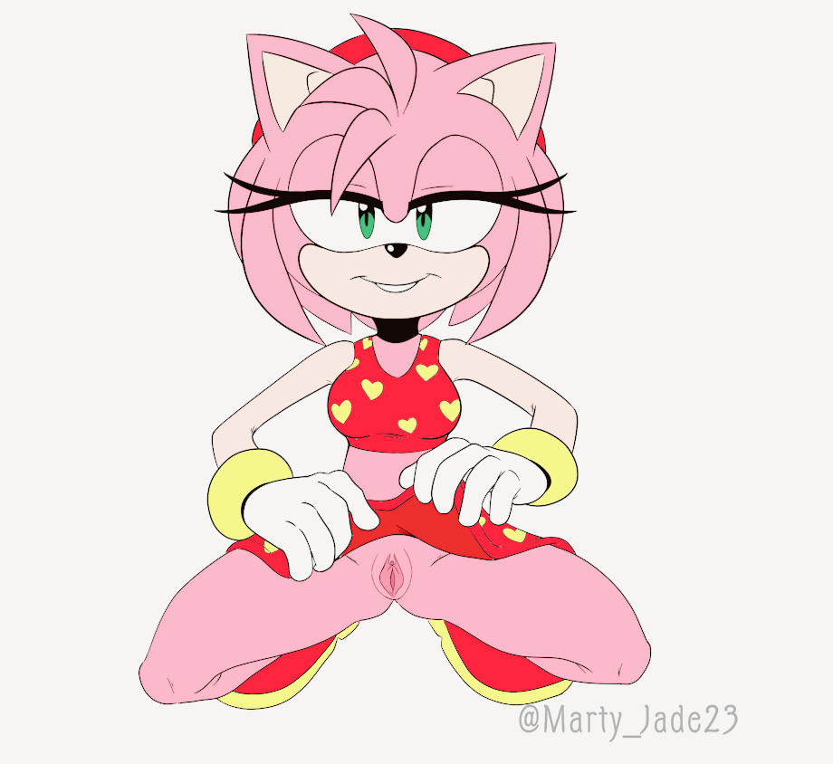 1girls alternate_costume amy_rose anthro bikini bikini_bottom_removed bikini_skirt bottomless bra breasts clitoris covered_breasts eulipotyphlan female female_only front_view furry gloves green_eyes hedgehog jadehellfire looking_at_viewer pink_fur pink_hair plain_background presenting_pussy pussy signature skirt_lift small_breasts sonic_(series) sonic_x squatting twitter_username white_background