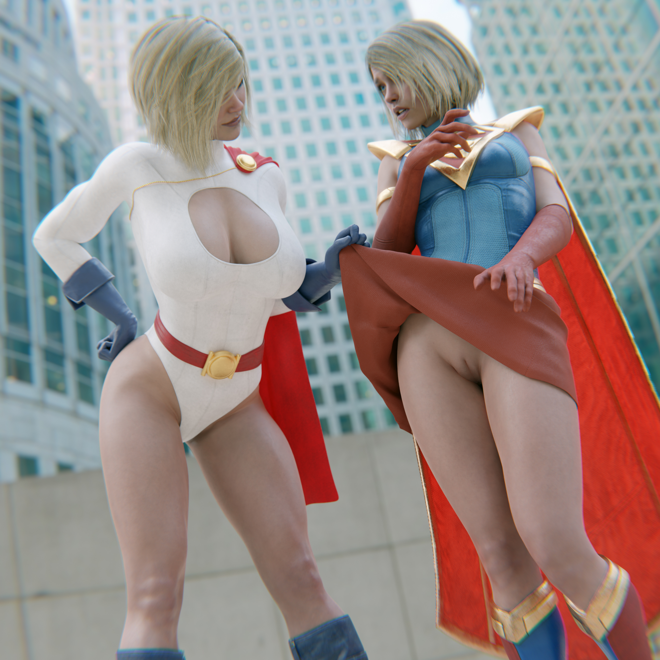 2girls, 3d, assisted exposure, big breasts, blender, blonde hair, bottomless, breast envy, breasts, cleavage, dc, dc comics, exposed, exposed pussy, female, female only, injustice 2, innie pussy, kara danvers, kara zor-el, kara zor-l, karen starr, large breasts, multiple females, multiple girls, no panties, power girl, power girl (injustice), public, public exposure, public nudity, pussy, questionable consent, quilsfm, shaved pussy, supergirl, supergirl (injustice), superman (series), voyeur, voyeurism