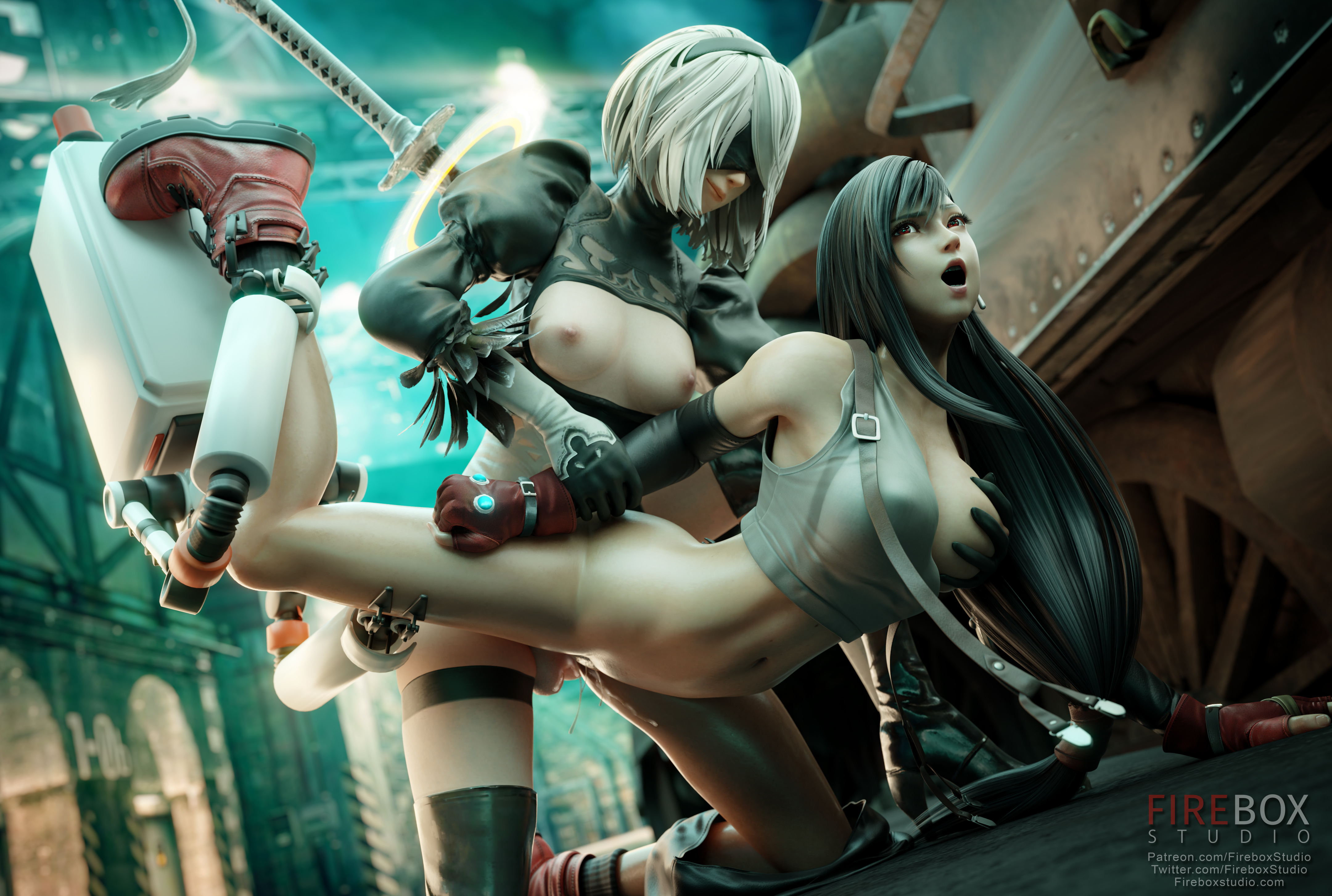 1futa, 1girls, 3d, areolae, balls, big breasts, blindfold, breasts, catfight, clothing, crossover, cum, dissidia, dissidia final fantasy, female, final fantasy, final fantasy vii, fireboxstudio, forced yuri, futa on female, futadom, futanari, grabbing breasts, hairband, holding breast, intersex, light skin, light-skinned female, light-skinned futa, long hair, nier: automata, nipples, rape, sex, sexfight, testicles, thighhighs, tifa lockhart, white hair, yorha 2b