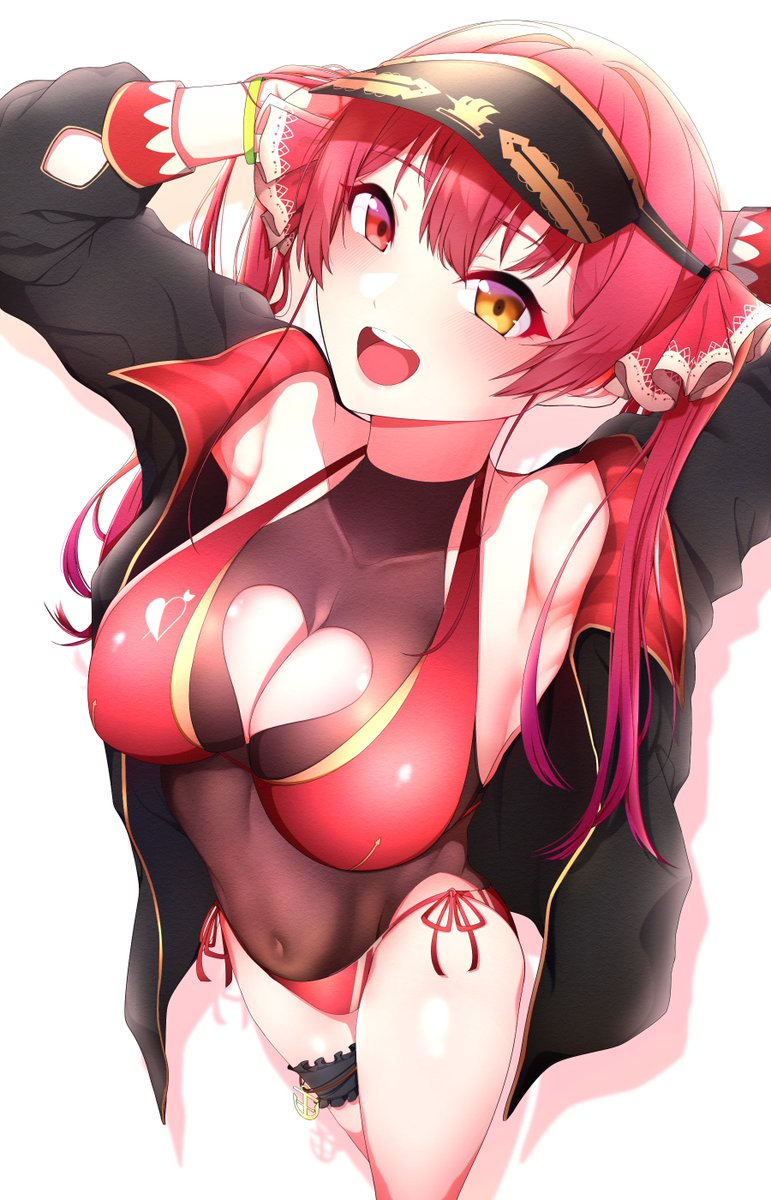 1girls, bangs, big breasts, bikini, blush, blushing, breasts, bright eyes, different eye color, female, female only, garter, hair ribbon, hands behind head, heart cutout, heterochromia, hololive, hololive fantasy, hololive japan, houshou marine, jacket, light blush, light skin, pink hair, red eyes, see-through, see-through clothing, smile, smiling, solo, solo female, twintails, virtual youtuber, visior, visor, white background, yellow eyes