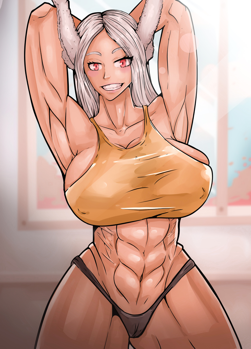 1girls abs arms_behind_head bunny_ears bunny_girl dark-skinned_female dark_skin female female_only heroine large_breasts long_hair looking_at_viewer manob0028 miruko muscular muscular_female my_hero_academia pose red_eyes rumi_usagiyama shiny shiny_skin smile smiling solo solo_female solo_focus superheroine teeth very_long_hair white_hair