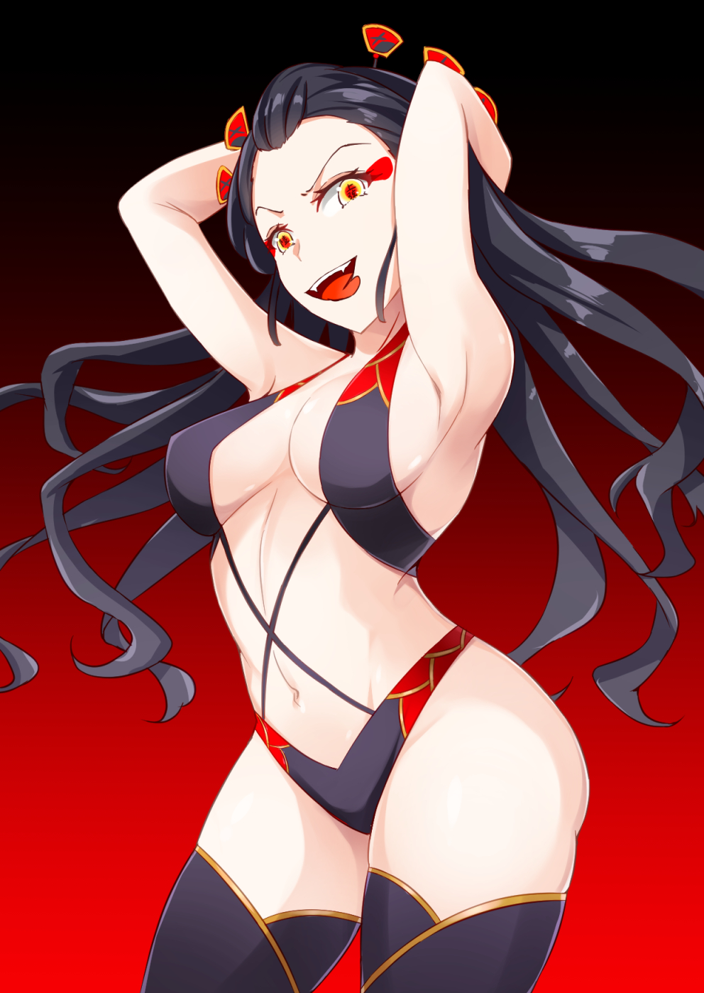 :p, 1girls, 2021, alternate costume, armpits, arms behind head, arms up, black background, black hair, black legwear, black swimsuit, black thighhighs, breasts, daki (kimetsu no yaiba), demon, demon girl, demon slayer, eyeshadow, fangs, female, female only, gradient background, hands behind head, kimetsu no yaiba, light skin, light-skinned female, long hair, medium breasts, multicolored eyes, open mouth, pale skin, pale-skinned female, red background, red eyes, sideboob, simple background, smile, solo, solo female, swimsuit, thick thighs, thighhighs, tongue, tongue out, urahushigi, wide hips, yellow eyes