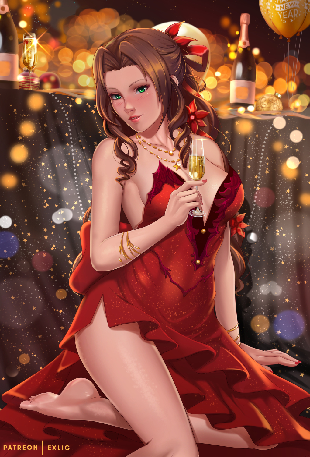 1girls, aerith gainsborough, big breasts, breasts, cleavage, exlic, fair skin, fair-skinned female, female, female focus, female only, final fantasy, final fantasy vii, large breasts, light skin, light-skinned female, looking at viewer, solo, solo female, solo focus