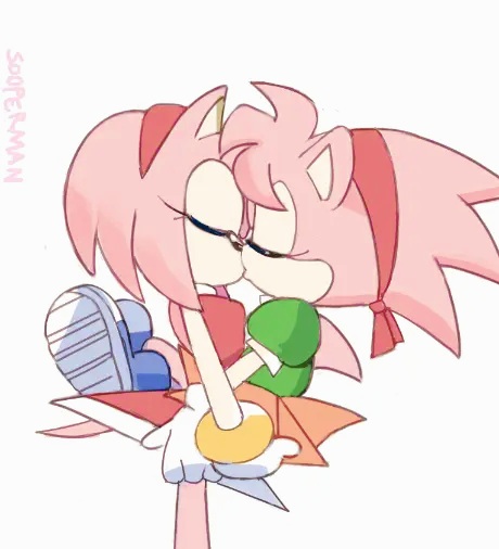 1futa, 1girls, amy rose, anthro, boots, classic amy rose, classic sonic (universe), closed eyes, crossed legs, dress, eulipotyphlan, female, flat chest, flat chested, fully clothed, furry, futanari, gloves, hairband, hedgehog, intersex, kissing, lesbian, lifting person, penetration, pink fur, pink hair, plain background, selfcest, side view, signature, sonic (series), sooperman, standing, tail, white background