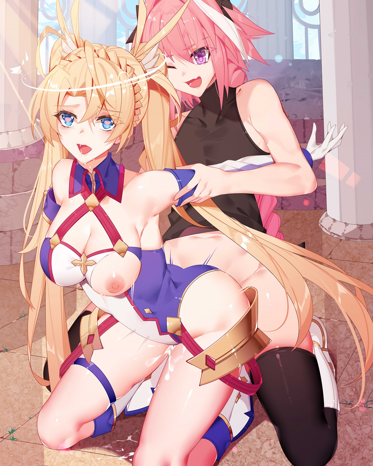 1boy, 1girls, ambiguous penetration, arms behind back, astolfo (fate), black legwear, black topwear, blonde hair, blonde-haired female, bottomless, bradamante (fate), breasts, clothing, cousins, cum, cum inside, cumming, fate (series), female, female penetrated, femboy, femboy on female, femboydom, femsub, from behind, grabbing arms, heart-shaped pupils, incest, large breasts, legwear, male, male penetrating, male penetrating female, maledom, nipples, open mouth, penetration, pink hair, pink-haired male, ponytail, ponytail male, sex, straight, tongue, topwear