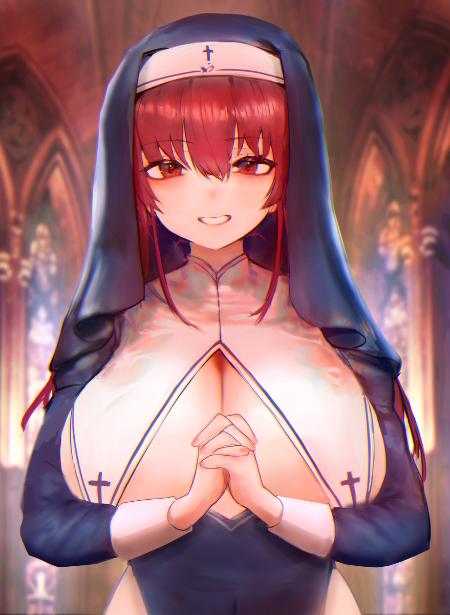 1girls alternate_costume bangs big_breasts blush breast church cleavage dress ear female female_focus female_only hair_between_eyes hands heart-shaped_pupils heart_eyes heterochromia holding_hands hololive hololive_fantasy hololive_japan houshou_marine huge_breasts moe_code nail_polish nun praying raised_eyebrows red_eye red_eyes red_hair red_nail_polish revealing_clothes sideboob smile smiling smiling_at_viewer symbol-shaped_pupils teeth teeth_showing thighs veil virtual_youtuber