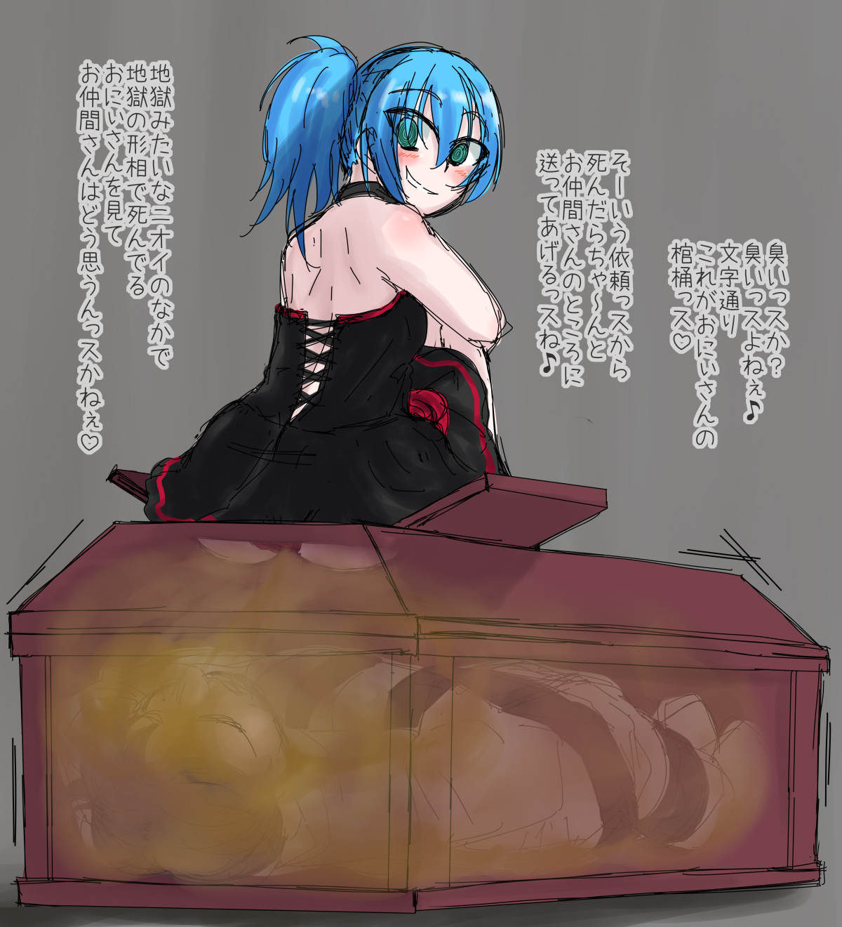 black dress, blue hair, blush, choker, coffin, death, fart, fart cloud, fart fetish, fart torture, farting, female, femdom, green eyes, murder, original, original character, ponytail, rose, sadism, shinzanmono (shinzanmono108), smile