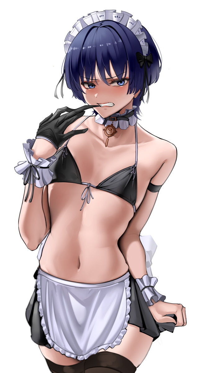 1boy, bowl cut, crossdressing, femboy, genshin impact, girly, harris hero, looking at viewer, maid outfit, maidscara, male, male only, plain background, purple hair, scaramouche (genshin impact), simple background, solo, tagme, white background