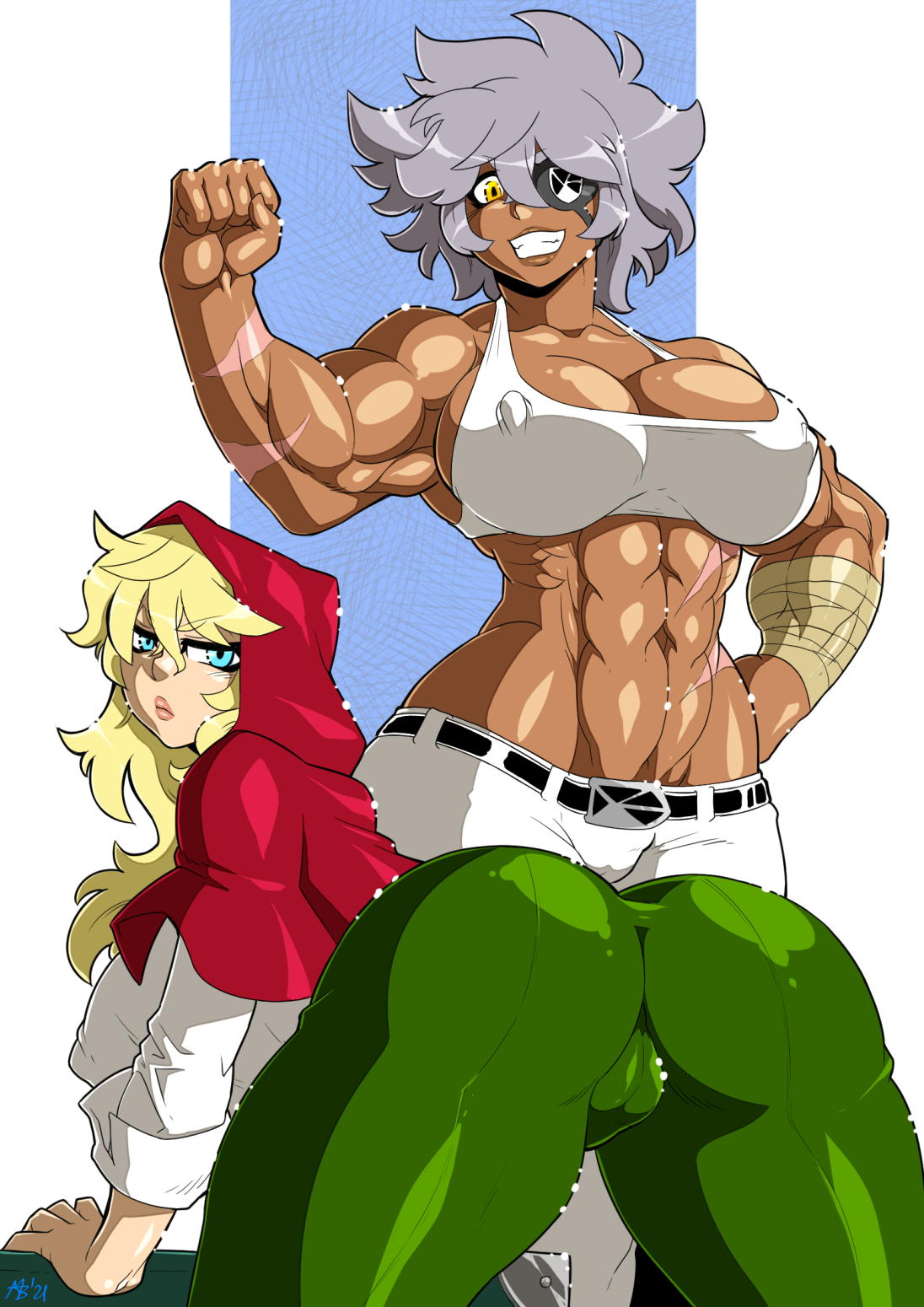 2girls, abs, ass, bandage, big ass, big breasts, blonde hair, blue eyes, breasts, cameltoe, clothed female, dark skin, dark-skinned female, debonair diamond, doggy style, erect nipples under clothes, eyepatch, fanart, female, fully clothed, green pants, grey hair, grimm (red hood), hips, looking at viewer, looking back, mad-project, muscular, muscular female, pussy, scar, shiny skin, smile, the hunters guild: red hood, tight clothes, tight clothing, tight pants, upset, yellow eyes