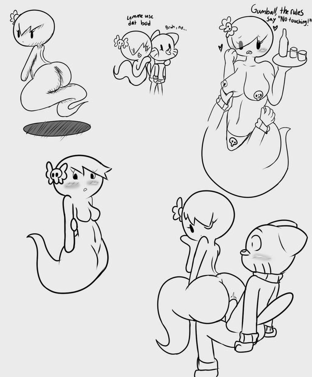 accessory, anthro, ass, big ass, big butt, blush, breasts, bulge, carrie krueger, cartoon network, clothed, clothing, domestic cat, emo, emo girl, english text, felid, feline, felis, female, ghost, gumball watterson, hair, hair accessory, heart, hi res, humanoid, male, mammal, monochrome, nude, simple background, smile, spirit, text, the amazing world of gumball, thick thighs, unknown artist, white background, wide hips