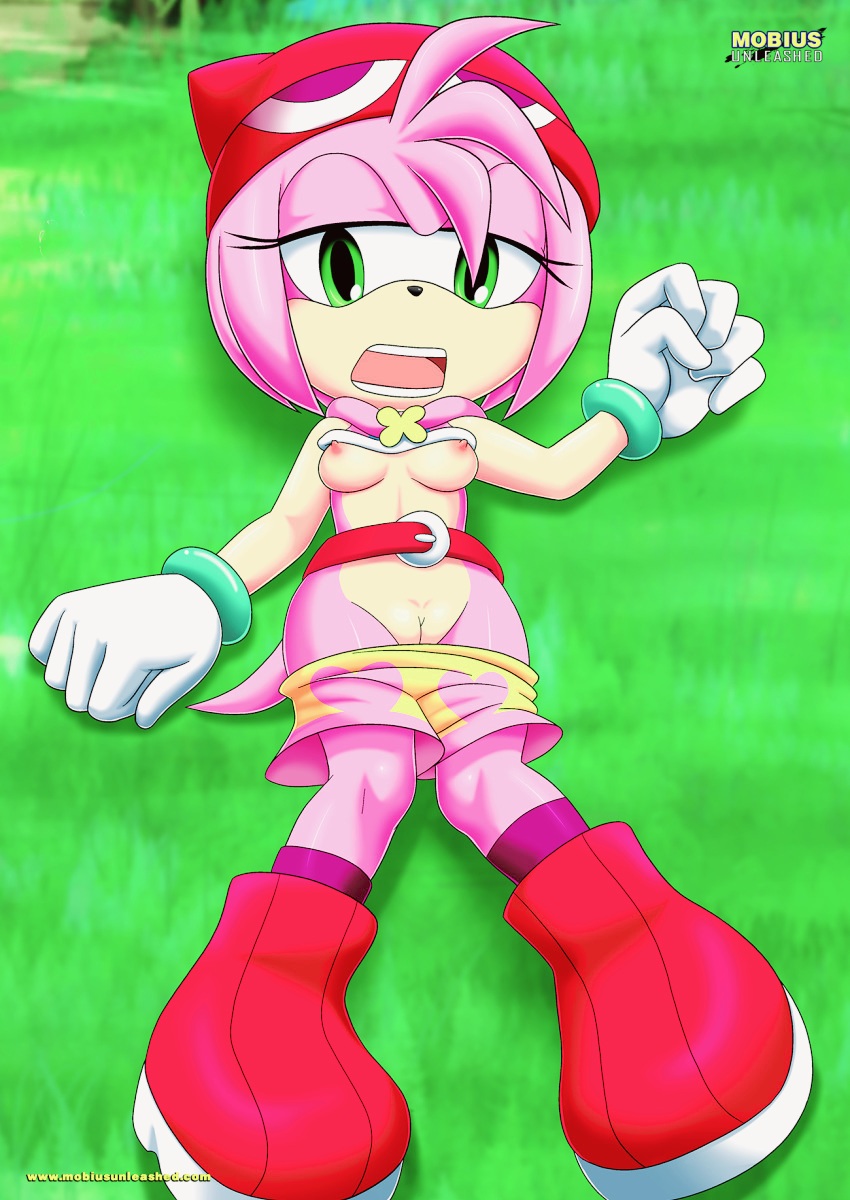 amitie amitie_(cosplay) amy_rose anthro bbmbbf breasts clothing mobius_unleashed nipples palcomix pink_fur pink_hair pussy puyo_puyo puyo_puyo_fever sega sonic_(series) sonic_runners sonic_the_hedgehog_(series)