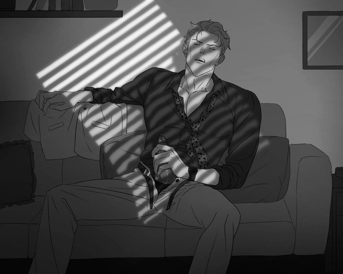 1boy, closed eyes, clothed masturbation, couch, eyes closed, greyscale, hand on penis, jujutsu kaisen, kento nanami, male, male focus, male only, masturbation, monochrome, mouth open, open mouth, pants open, penis, penis grab, rzklh, sitting, solo, solo focus