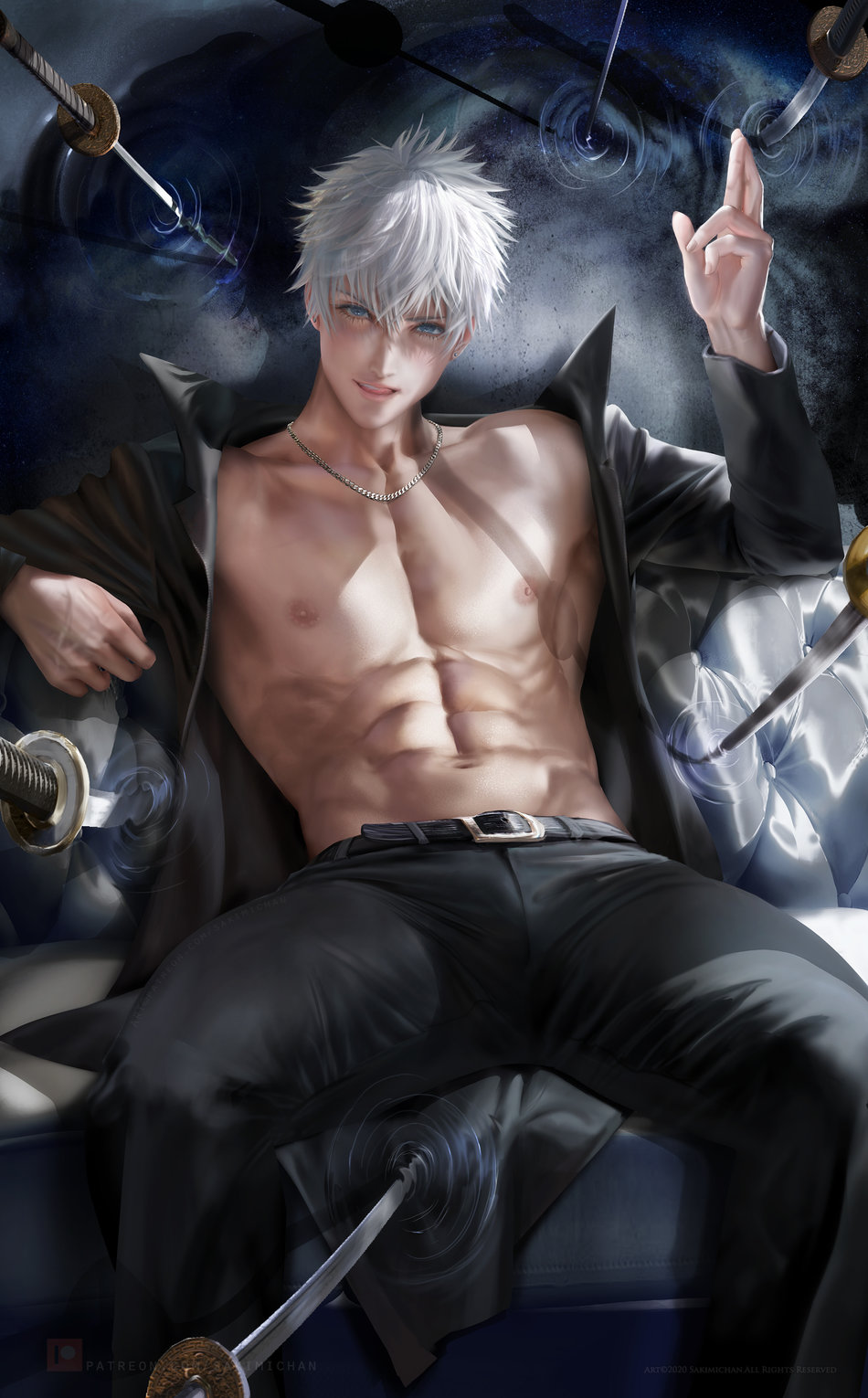 1boy, alternate version available, higher resolution available, jujutsu kaisen, looking at viewer, male, male focus, male nipples, male only, muscular, muscular male, nipples, pecs, pectorals, sakimichan, satoru gojo, solo, solo male, toned, toned male