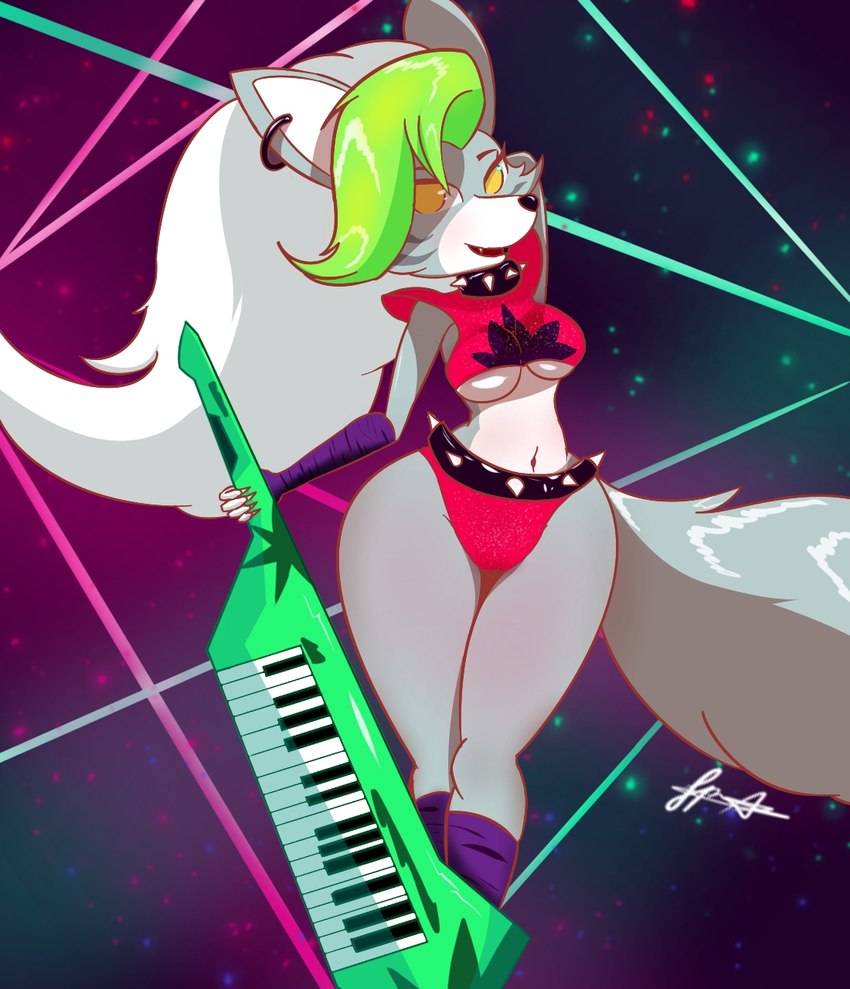 1girls 80's_theme animatronic anthro black_nose breasts canid canine collar curvy curvy_figure ear_piercing earrings five_nights_at_freddy's five_nights_at_freddy's:_security_breach fluffy fluffy_tail fur furry green_hair grey_body grey_fur grey_hair grey_markings guitar legwear long_hair looking_at_viewer midriff multicolored_hair musical_instrument navel piercing pixyfox23 plucked_string_instrument ponytail pose rockstar roxanne_wolf_(fnaf) scottgames spiked_collar spikes steel_wool_studios string_instrument thick_thighs thighs underwear white_hair white_markings wide_hips wolf wolf_ears wolf_humanoid wolf_tail yellow_eyes