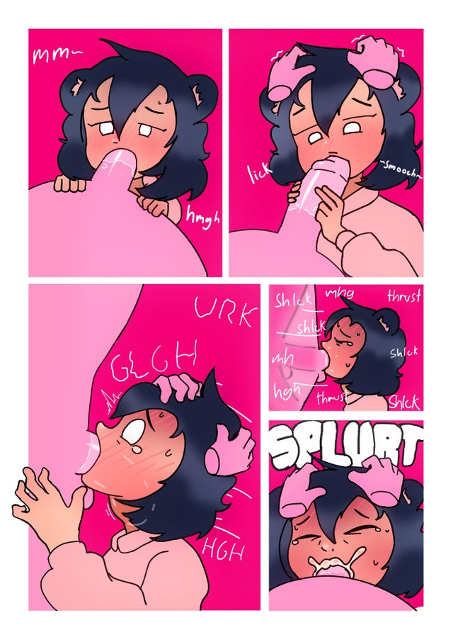 anon, apandah, blowjob, cum, cum in mouth, cum in throat, cum inside, deepthroat, femboy, gay, male, oral, pink background, poi pah, splurt, text, throat bulge, throat fuck, throat pounding, virtual youtuber