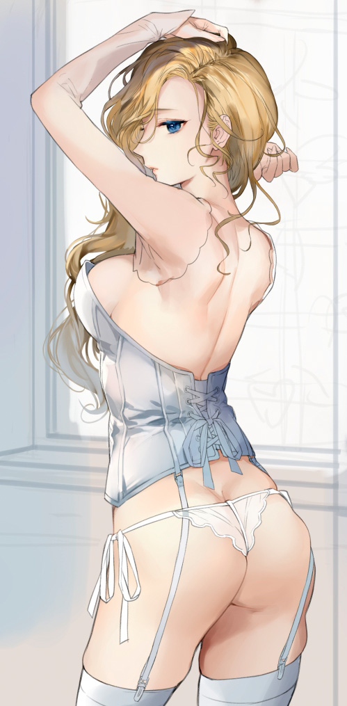 1girls arm_up ass ass_cleavage azur_lane back bangs bare_shoulders blonde_hair blue_eyes blush breasts bustier butt_crack cowboy_shot female female_only garter_straps hair_over_shoulder hood_(azur_lane) kaguyuzu large_breasts long_hair looking_at_viewer panties parted_lips shoulder_blades side-tie_panties solo solo_female thighhighs thighs underwear unfinished wavy_hair white_bustier white_legwear white_panties