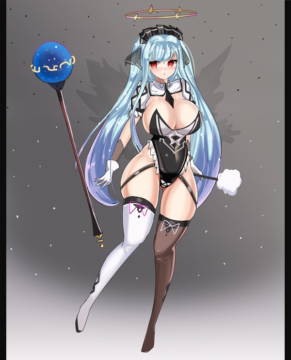 blue_hair epic7 huge_breasts maid red_eyes roana_(epic7) shortstack