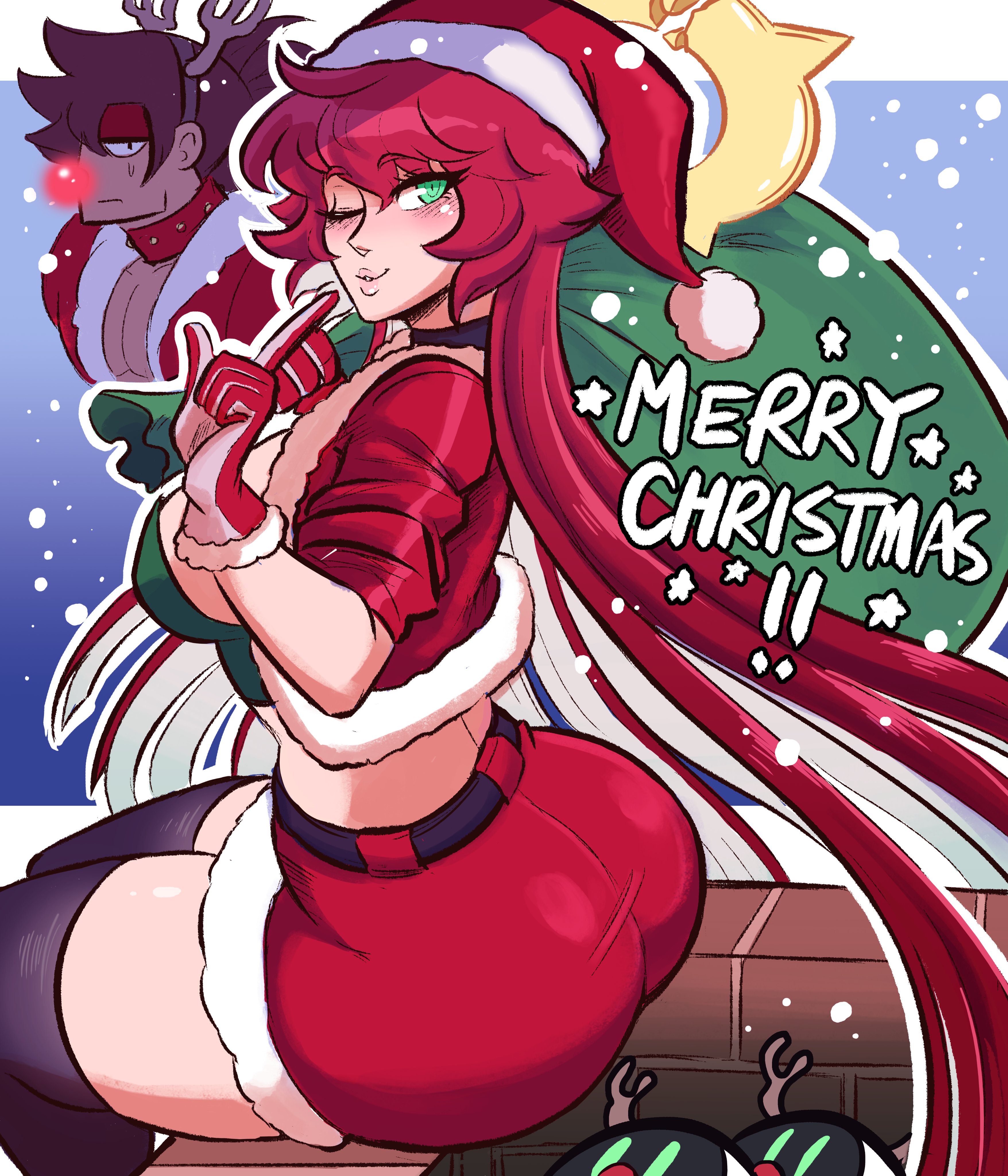 1boy, 1girls, 2021, absurd res, alternate costume, antlers, arc system works, ass, big ass, christmas, collar, female, fur trim, gloves, green eyes, guilty gear, guilty gear strive, hat, hi res, highres, holidays, huge ass, jack-o' valentine, jacket, leggings, long hair, male, multicolored hair, red hair, scruffyturtles, skirt, sol badguy, tagme, thick thighs, thighhighs, twitter, white hair