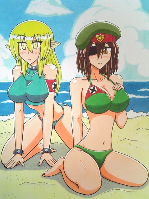 2013 2girls beach beret big_breasts bikini blonde_hair blue_bikini blush brown_eyes brown_hair eye_patch general_morden green_bikini hand_on_breast long_hair looking_at_another looking_at_viewer medium_hair metal_slug military nishi_game original_character rule_63 sitting snk summer