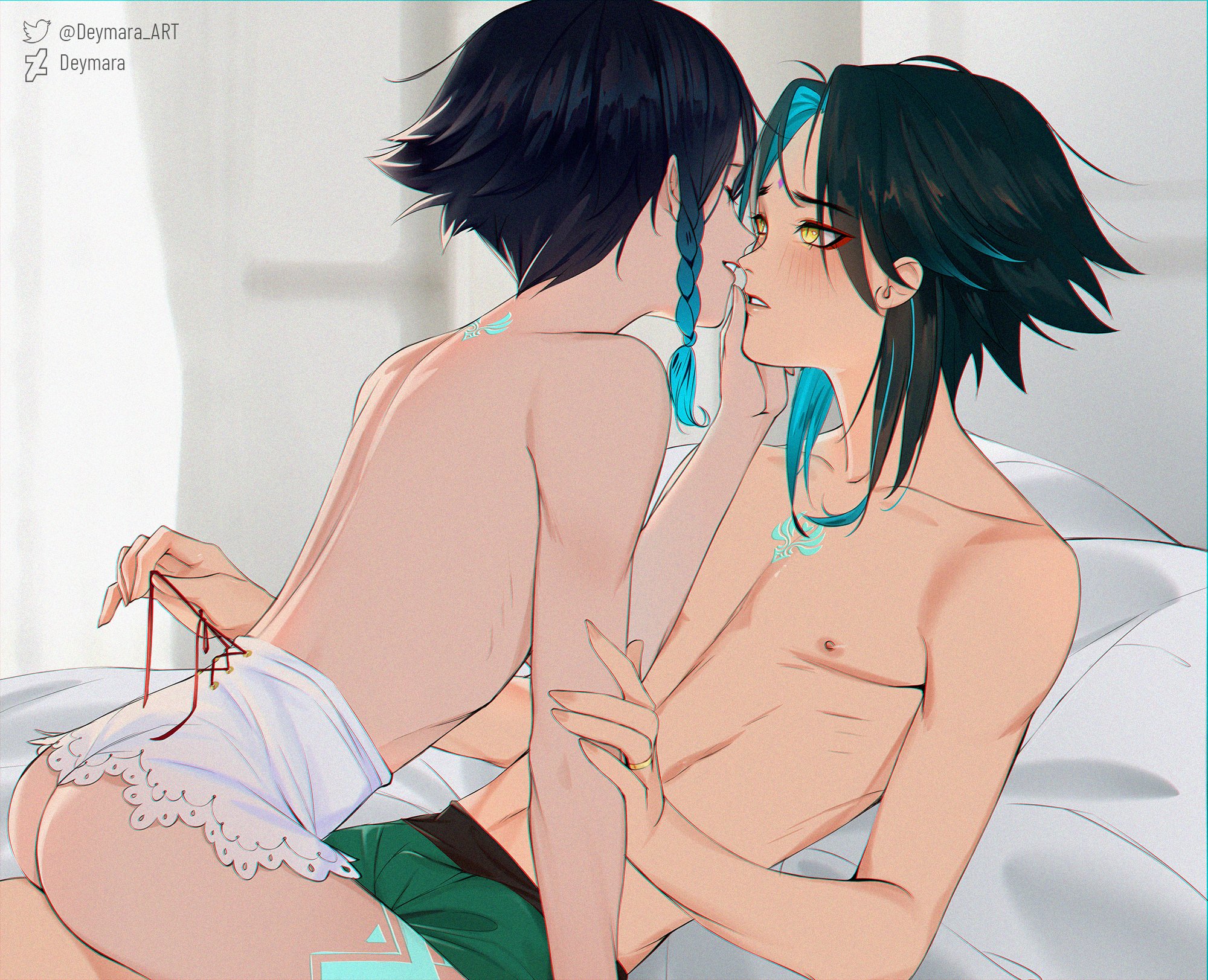 2boys, abs, ass, bed, blue hair, blush, braid, bubble ass, bubble butt, color, deymara, femboy, gay, genshin impact, girly, glowing, gradient hair, kissing, lingerie, long hair, long nails, looking at another, male, nipples, ring, shorts, signature, smile, tattoo, thighs, trap, undressing another, venti (genshin impact), wholesome, xiao (genshin impact), yaoi, yellow eyes