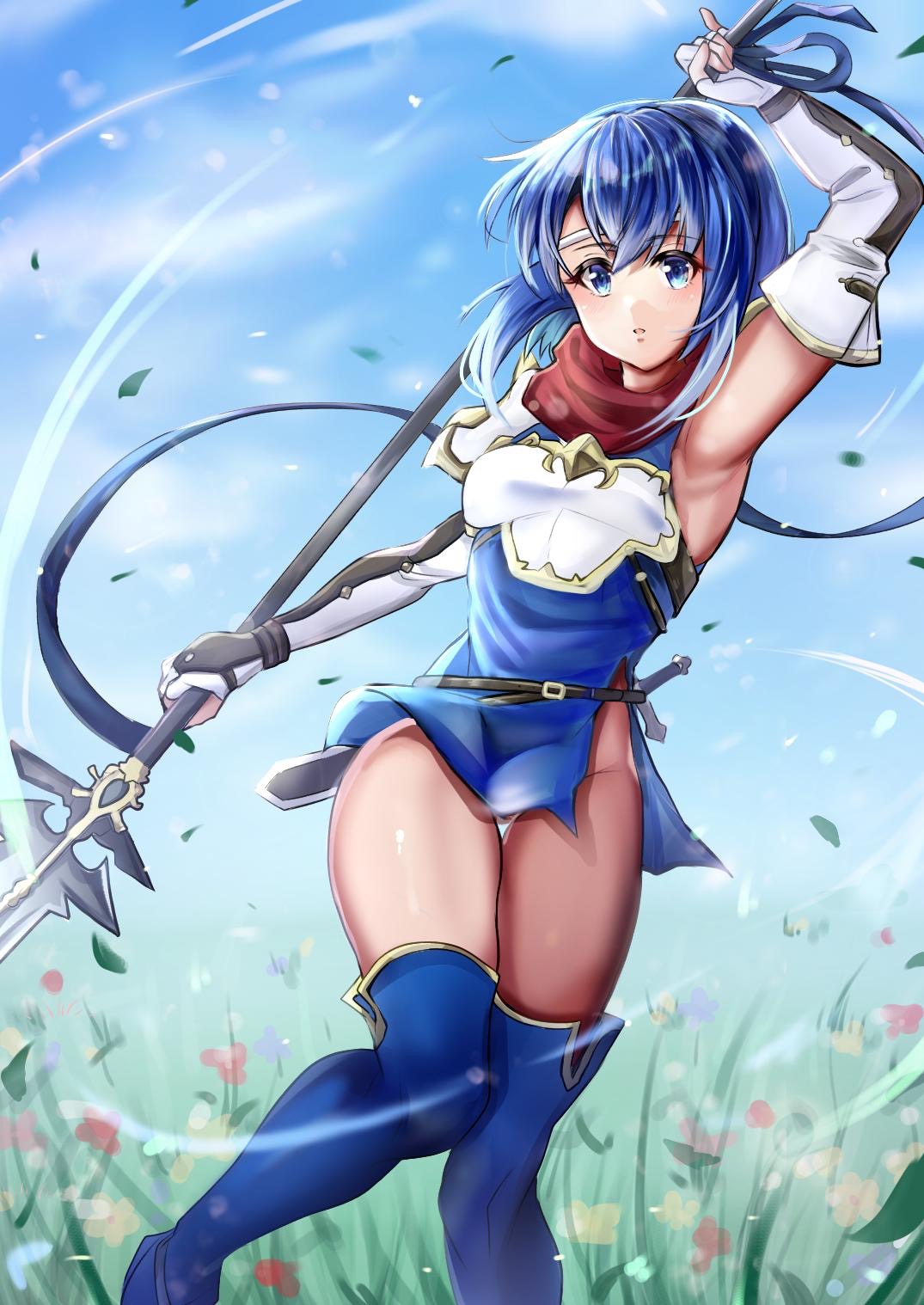 1girls armpits bare_thighs blue_eyes blue_hair breasts catria_(fire_emblem) female_only fire_emblem fire_emblem:_mystery_of_the_emblem fire_emblem:_shadow_dragon_and_the_blade_of_light headband looking_at_viewer nintendo short_hair small_breasts solo spear sword thigh_boots thighs weapon yui_(msy1302mana)