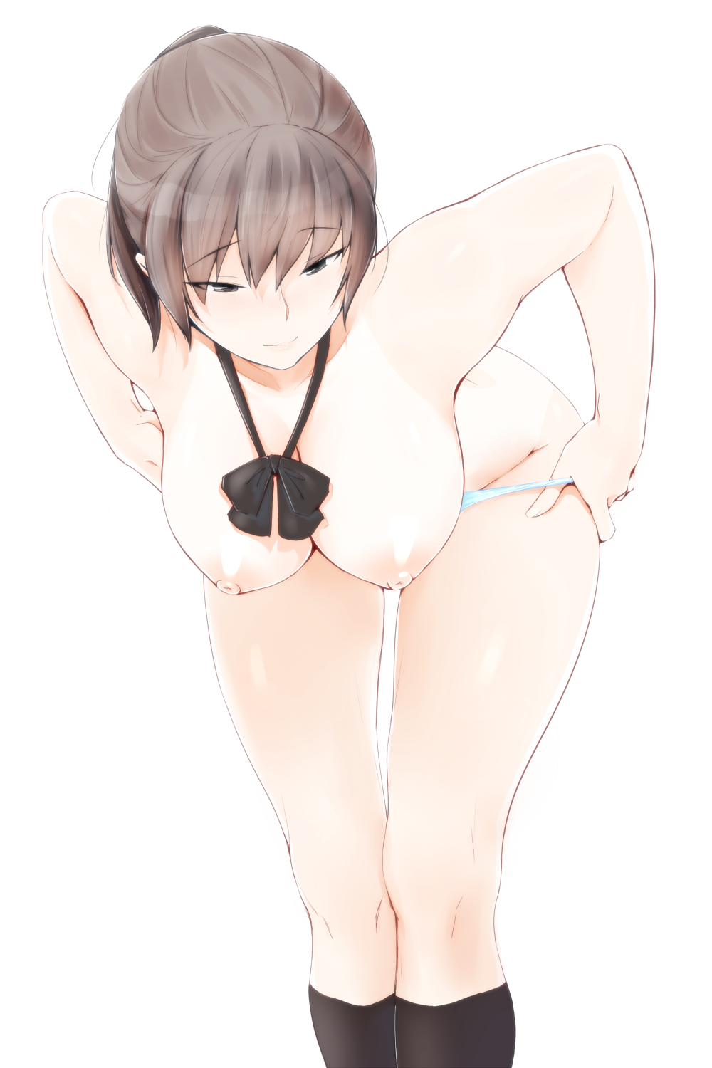 amagami areolae artist_request bangs black_hair black_legwear bow breasts closed_mouth eyebrows_visible_through_hair female highres large_breasts leaning_forward nipples panties sasaki_akira_(ugc) smile socks solo tan tanlines tsukahara_hibiki underwear undressing