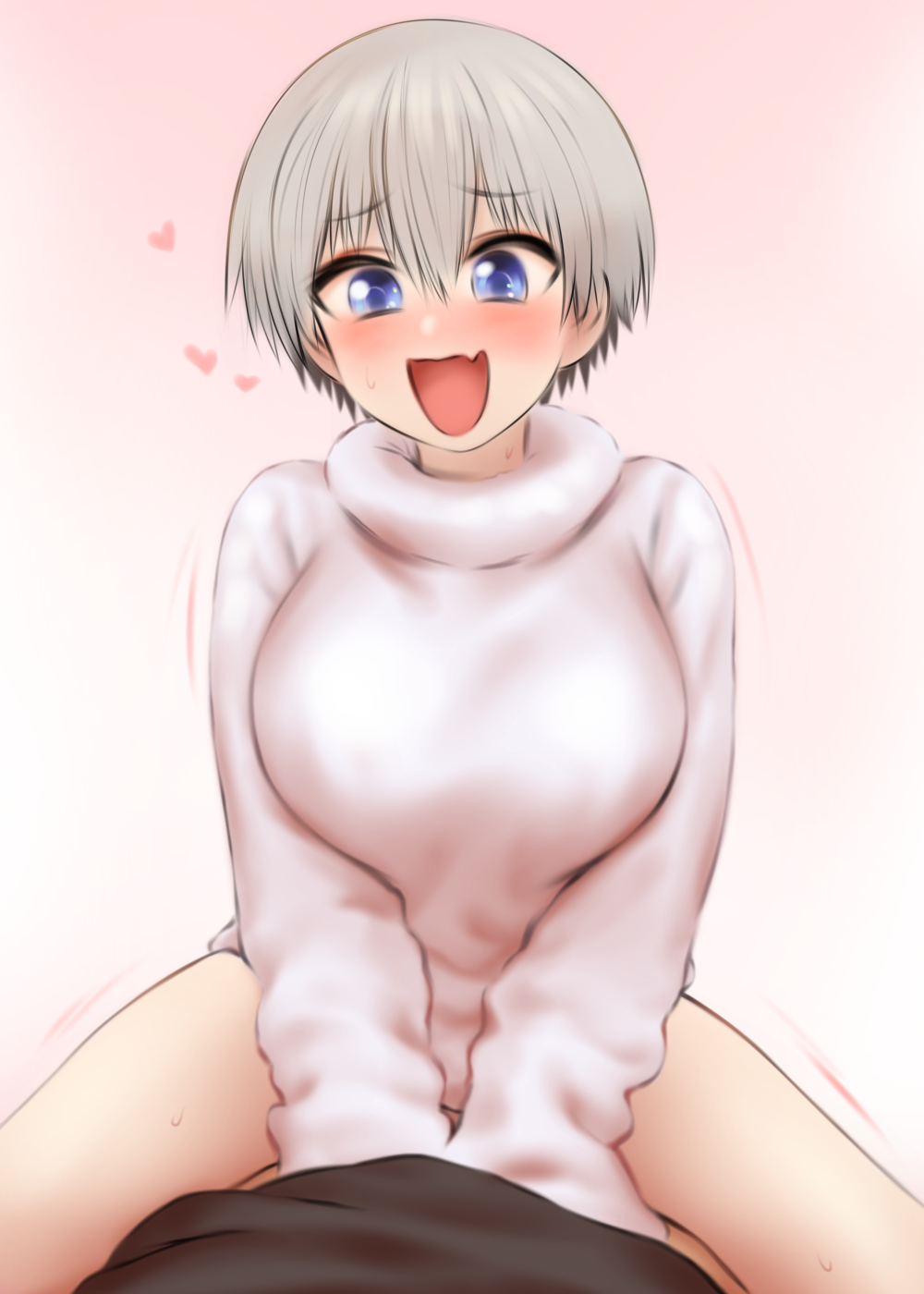 1girls, blue eyes, bottomless, cute, fangs, female, grey hair, heart, male, male pov, pov, short hair, shpo, silver hair, smile, sweater, uzaki hana, uzaki-chan wa asobitai!, wholesome