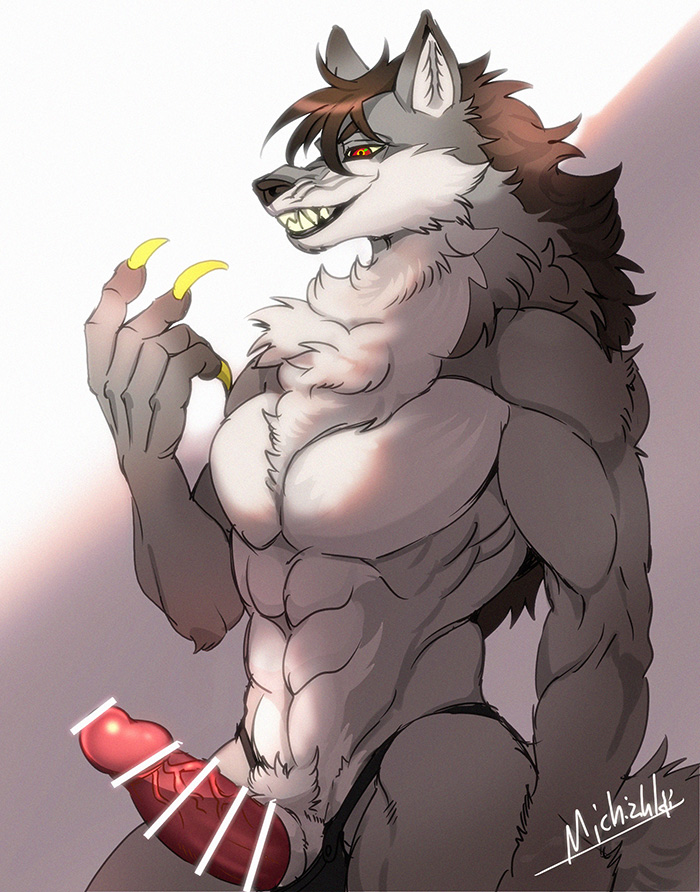 anthro canid canine canis censor_bar erection genitals grin hybrid_genitalia hybrid_penis male mammal michizuki muscular muscular_anthro muscular_male penis smile solo thong_only wolf