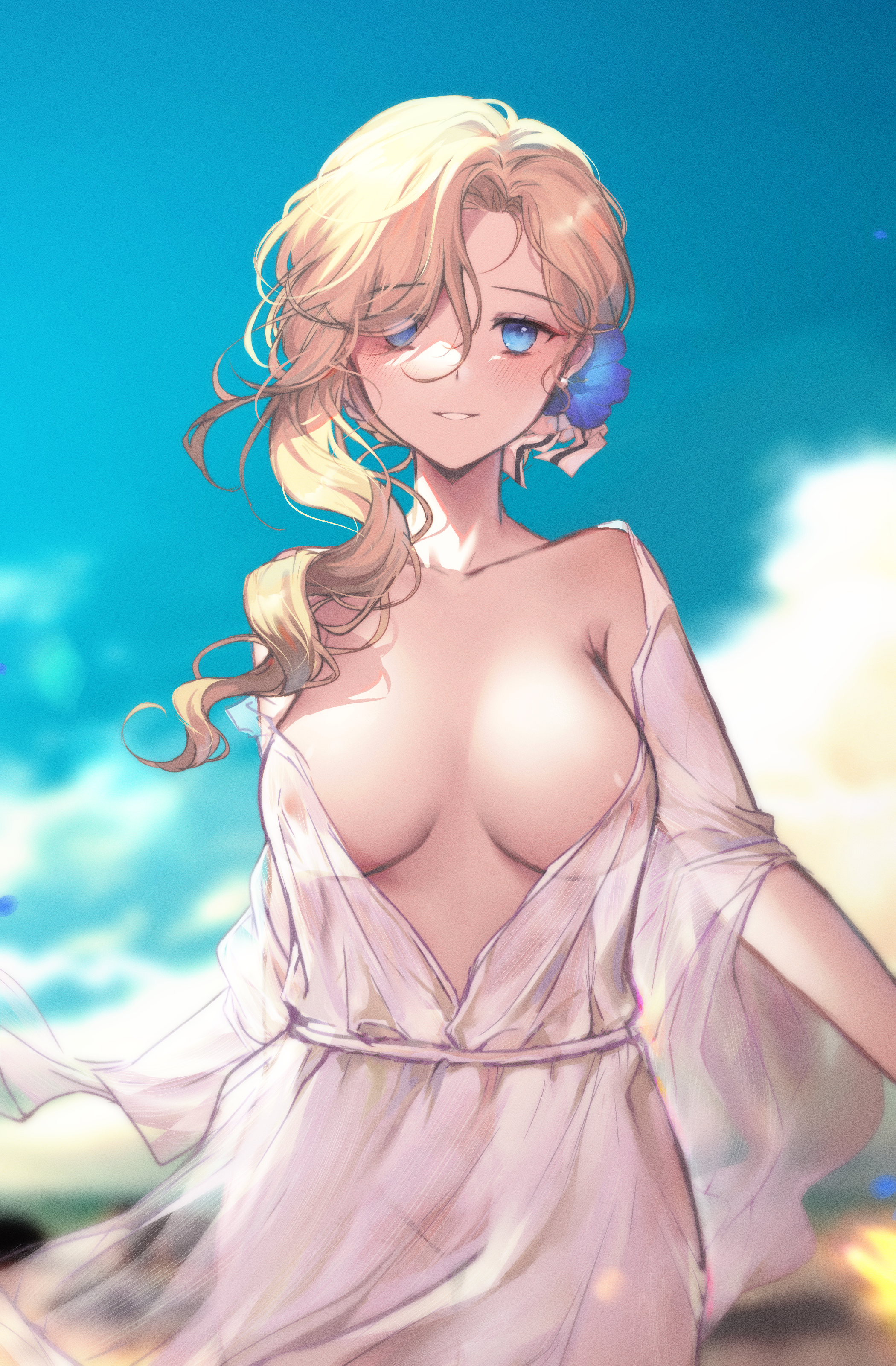 1girls, absurdres, areola slip, areolae, asymmetrical hair, azur lane, bare shoulders, blonde hair, blue eyes, blue flower, blue sky, blurry, blurry background, blush, breasts, cleavage, cowboy shot, day, depth of field, dress, female, female only, flower, groin, hair flower, hair ornament, hair over one eye, highres, hood (azur lane), large breasts, long hair, looking at viewer, moonlgnance, no bra, no panties, off shoulder, open clothes, open dress, outdoors, parted lips, see-through, sky, smile, solo, solo female, white dress