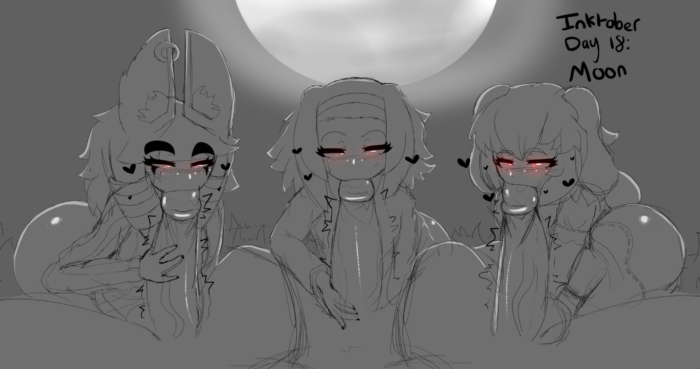 3girls, amelia raevert, amelia-raevert, ass, big ass, english text, fellatio, female, glowing eyes, inktober, k-on!, large penis, male, mistpirit, moon, moonlight, multiple boys, oral, oral sex, original, penis, red eyes, ritsu tainaka (k-on!), tagme, text