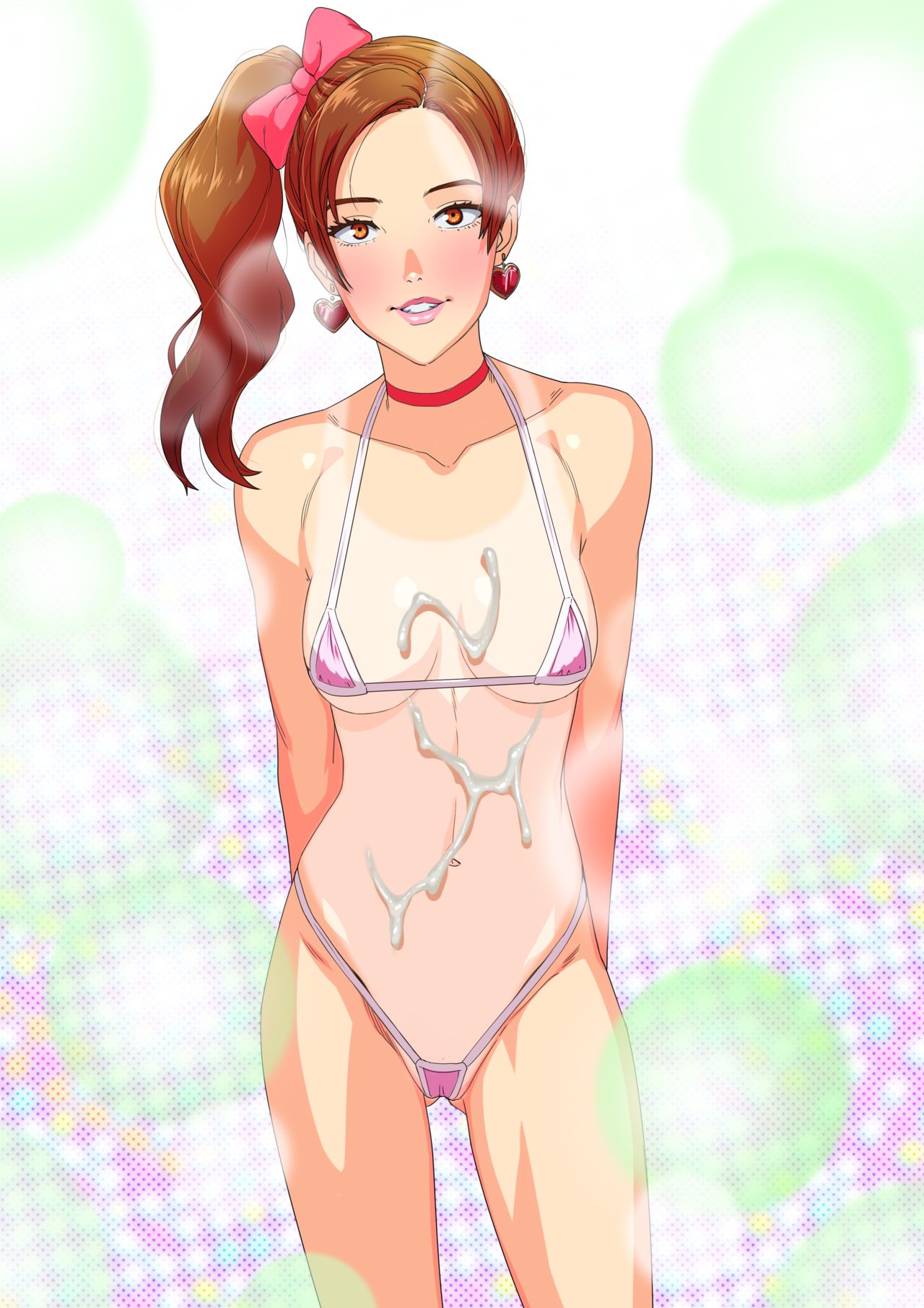 1girls, bikini, bikini bottom, bikini top, breasts, collar, cum, cum on body, cum on breasts, earrings, fair skin, fair-skinned female, female, heart earrings, kim (tekuho), light skin, light-skinned female, looking at viewer, navel, original, red collar, simple background, smile, smiling, smiling at viewer, solo, solo female, sperm, string bikini, swimsuit tan, tagme, tanline, tekuho, white bikini, white bikini bottom, white bikini top